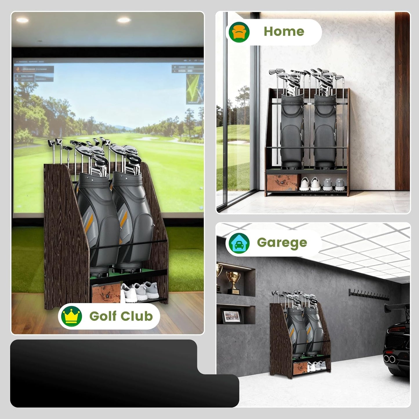 Golf Bag Organizer Rack – Large Wooden Golf Storage for 2 Bags, Clubs & Accessories with Dustproof Drawer, Sports Equipment Rack for Garage, Practice Room, Home or Office (Black)