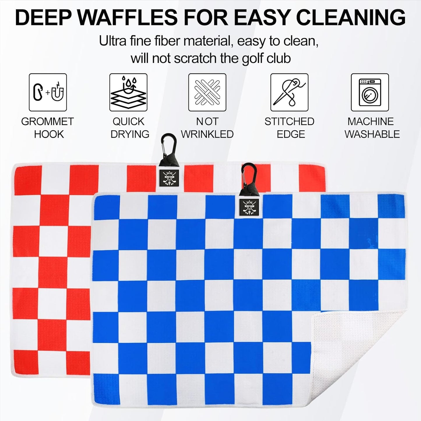 2 Pack 24"x16" Magnetic Golf Towels - Premium Waffle Pattern, with Magnet & Carabiner Clip for Golf Bags, Carts & Clubs. Essential for Men & Women Golfers - Red/Black
