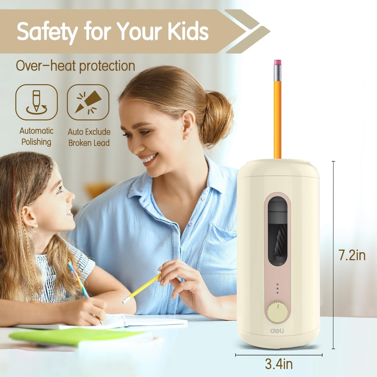 Deli Electric Pencil Sharpener - Fully Automatic, Auto In & Out, Rechargeable Hands-Free for 6.9-12mm Pencils - Home & Classroom - Battery Operated - Beige