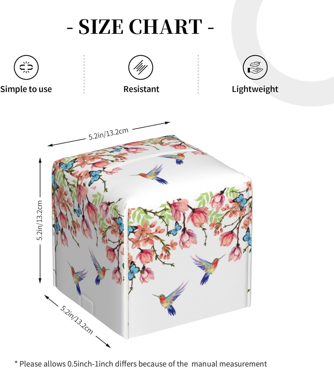 Hummingbird and Flowers Tissue Box Cover Square,Pink Floral Bird Butterfly Tissue Box Holder Waterproof Leather Facial Paper Organizer Dispenser for Bathroom Home Car Nightstand Vanity Desk