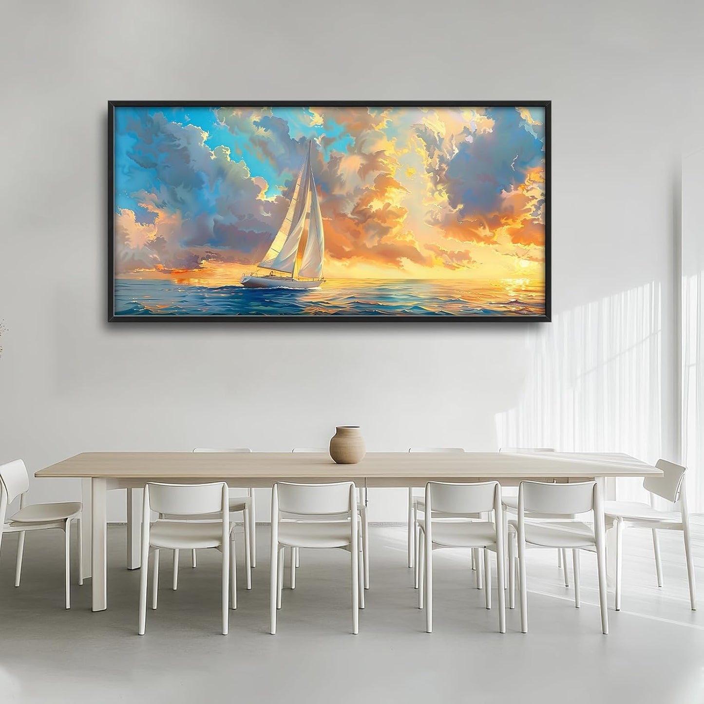 Large Ocean Sailboat Framed Wall Art for Living Room Blue Coastal Pictures Wall Decor Ocean Canvas Print Painting Artwork Modern Home Decorations for Living Room Bedroom Office 60x30 inch