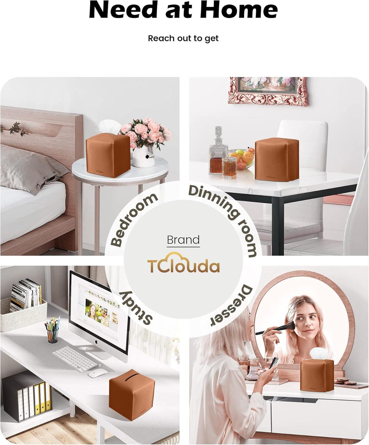 Tissue Box Cover for PU Leather, Modern Simple Solid Color Holder Square Tissue Bag, Ideal for Bathrooms,Office,Car,Nightstand,Outdoor Tent,Dining Table,5"X5"X5", Double Camel