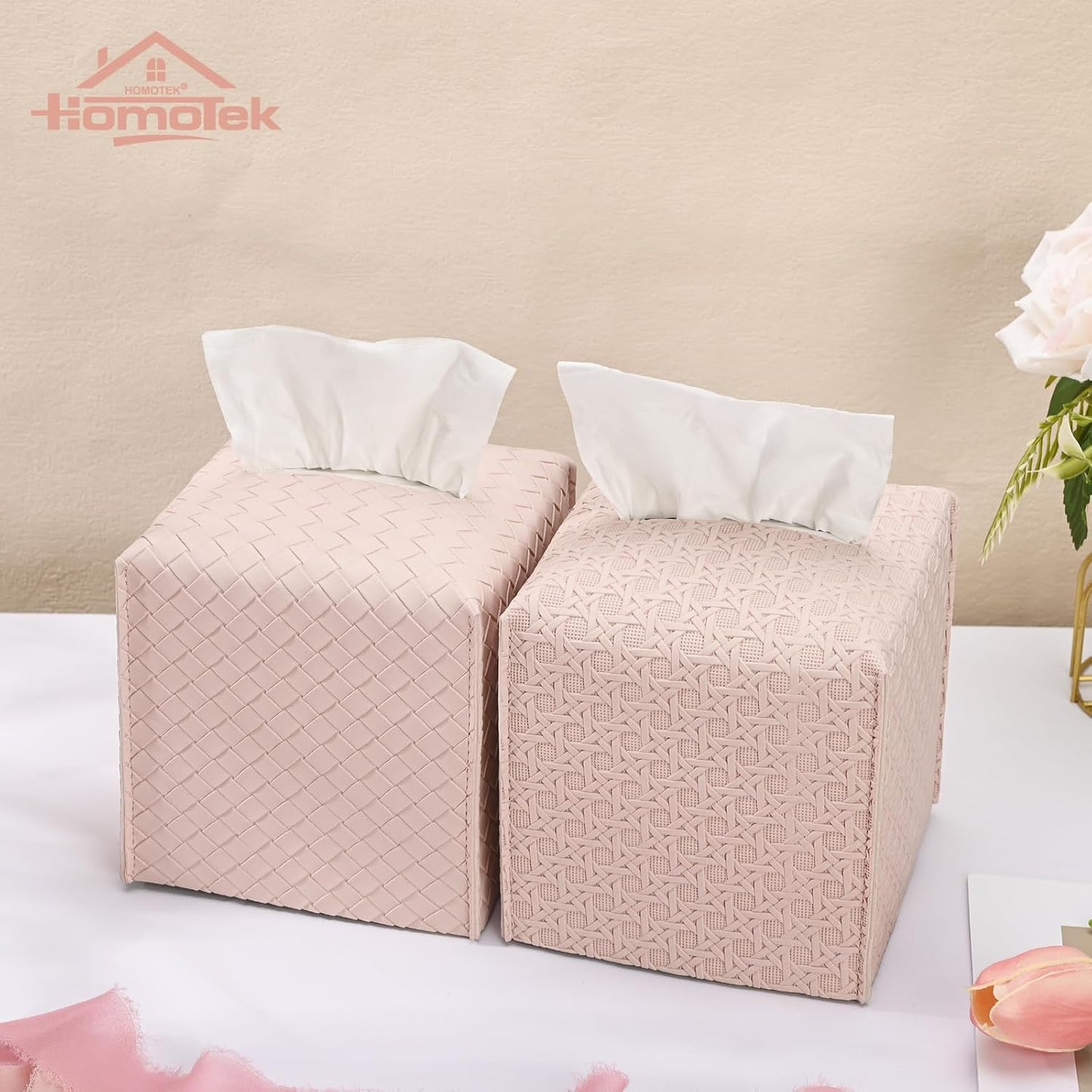 HOMOTEK 2 Pack Tissue Box Cover, Square PU Leather Tissue Holder, Decorative Facial Tissue Cube Paper Organizer Dispenser for Bathroom, Night Stands, Desk, Car 5X5X5'' - Rattan Weave,Macaron Pink