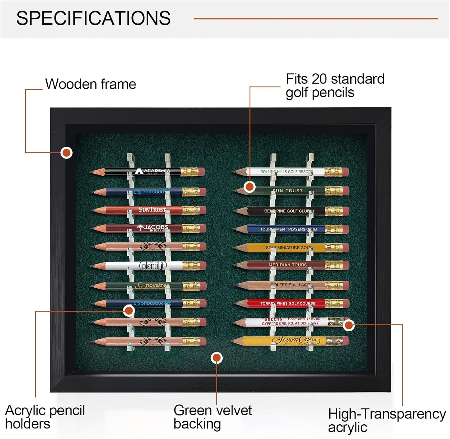 Golf Pencil Display Case, Holds 20 Round or Hexagonal Golf Pencils, Wall-Mount or Desktop Display Frame for Golf Tees, Home or Office Golf Decor and Collectibles