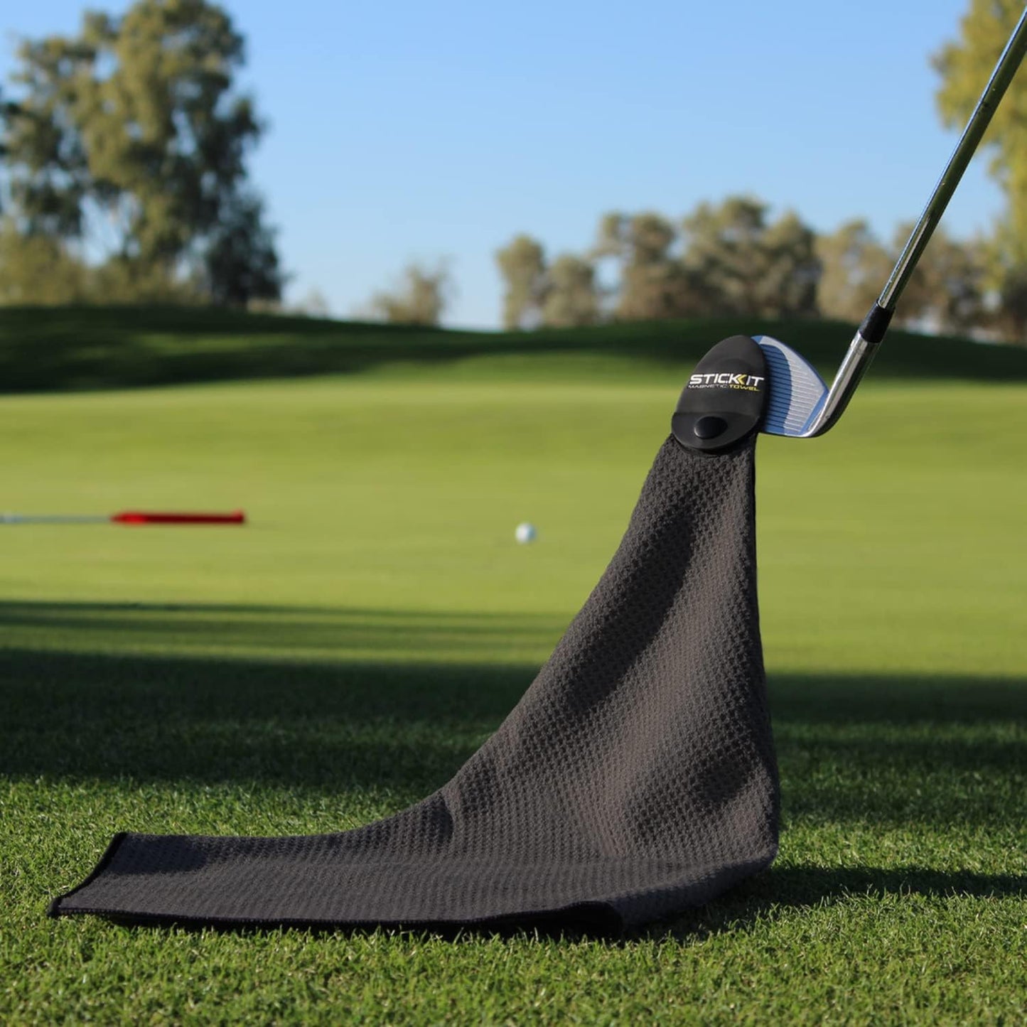 STICKIT Magnetic Towel, Black | Top-Tier Microfiber Golf Towel with Deep Waffle Pockets | Industrial Strength Magnet for Strong Hold to Golf Carts or Clubs
