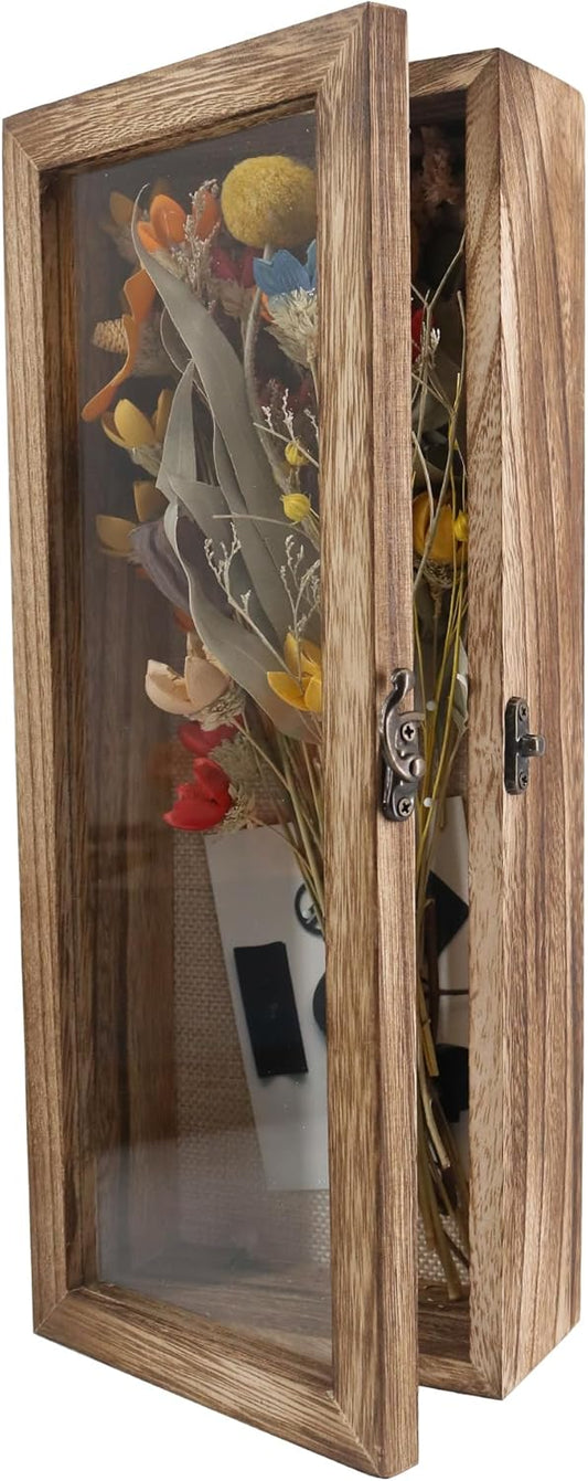 GraduatePro Shadow Box Frame 5x12 Display Case with Linen Back, Real Glass Window Door with Hinge, Picture Frame Wedding Bouquet Memorabilia Medals Photos Memory Box for Keepsakes, Carbonized Black