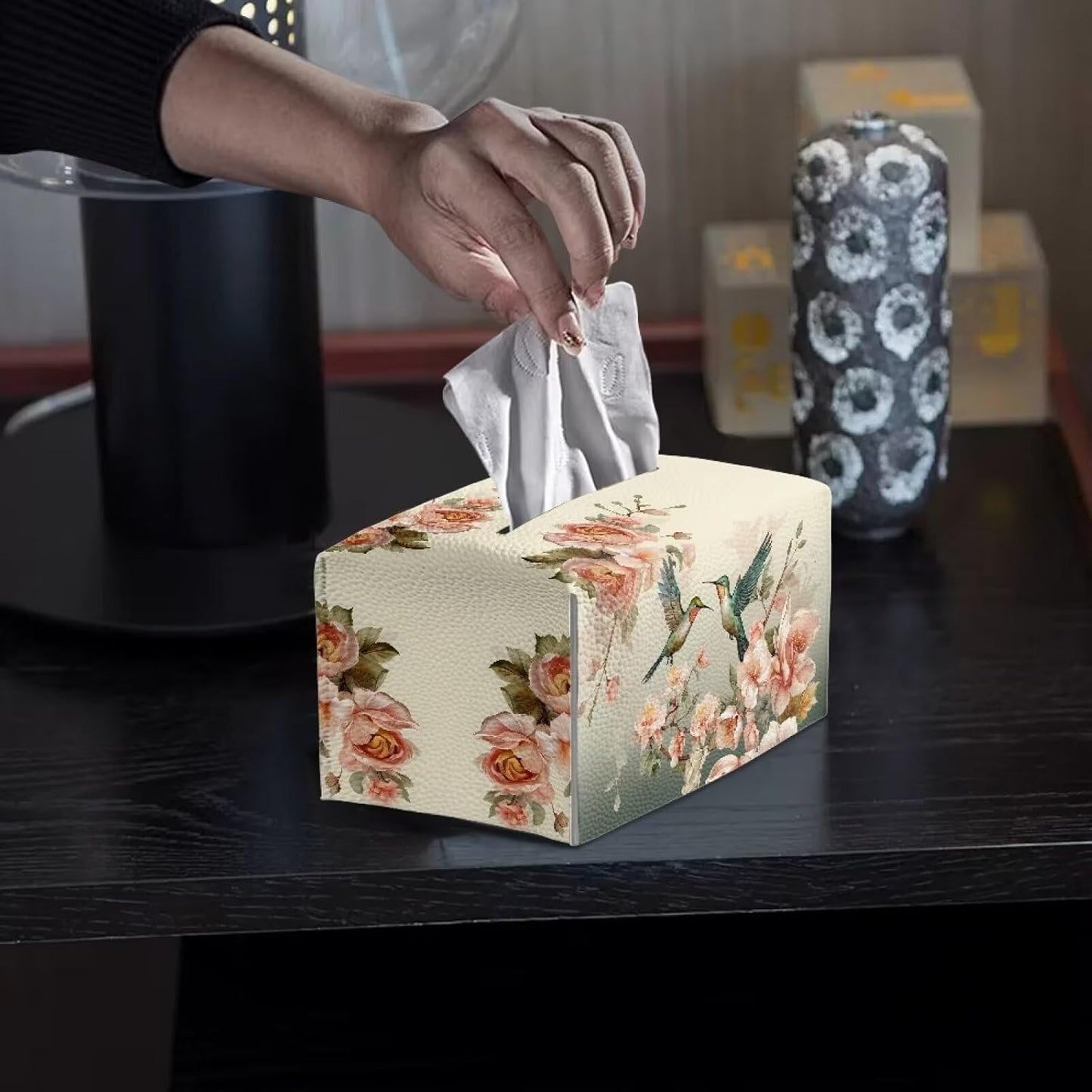Rectangular Tissue Box Cover Floral Hummingbird PU Leather Tissue Cover Decorative Organizer with Bottom Belt Vintage Tissue Box Organizer for Home, Tabletop, Night Stands