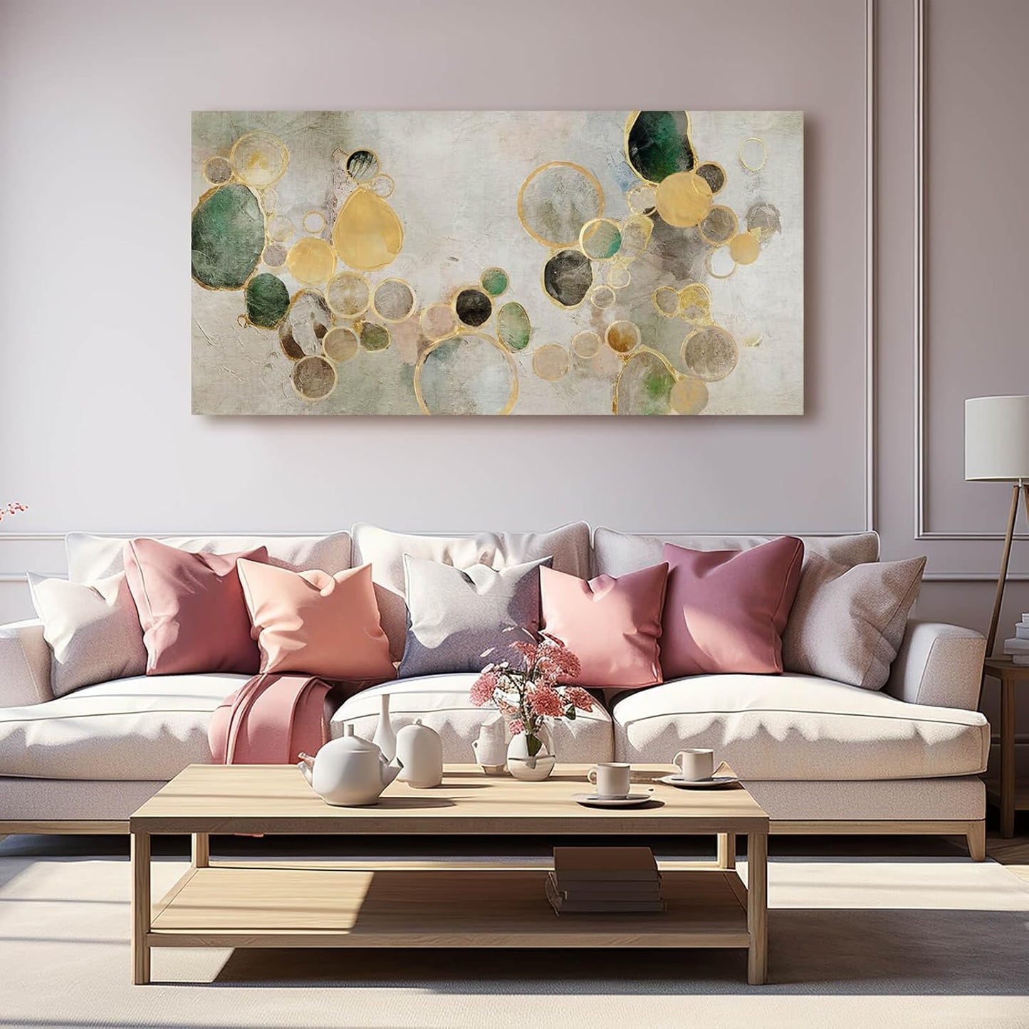 Gold Round Wall Art Neutral Beige Modern Canvas Wall Print 24"x48" Geometric Wall Decor Poster Print Abstract Wall Art for Living Room Dining Room