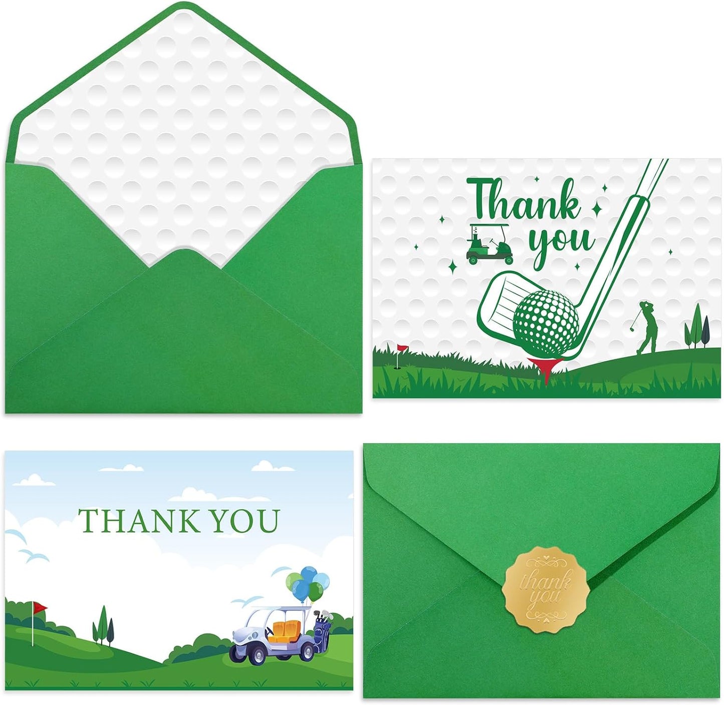 NEWEST 24 Pieces Golf Thank You Cards, 2 Design Golf Greeting Card with Envelopes & Stickers Green White Golf Blank Note Cards for Sports Theme Birthday Baby Shower Retirement Party Favors