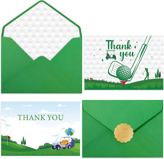 NEWEST 24 Pieces Golf Thank You Cards, 2 Design Golf Greeting Card with Envelopes & Stickers Green White Golf Blank Note Cards for Sports Theme Birthday Baby Shower Retirement Party Favors