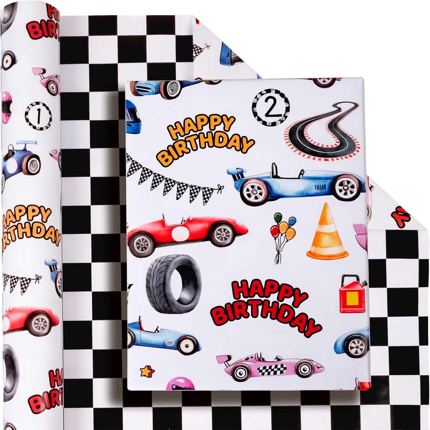 Vnaaem Reversible Vintage Race Car Wrapping Paper Roll for Kid's Boy's - Black & White Checkered Flag Gift Wrap for Birthday, Holiday, Fathder's Day, Baby Shower - 17 in x 20 ft(Total 28.5sq.ft)