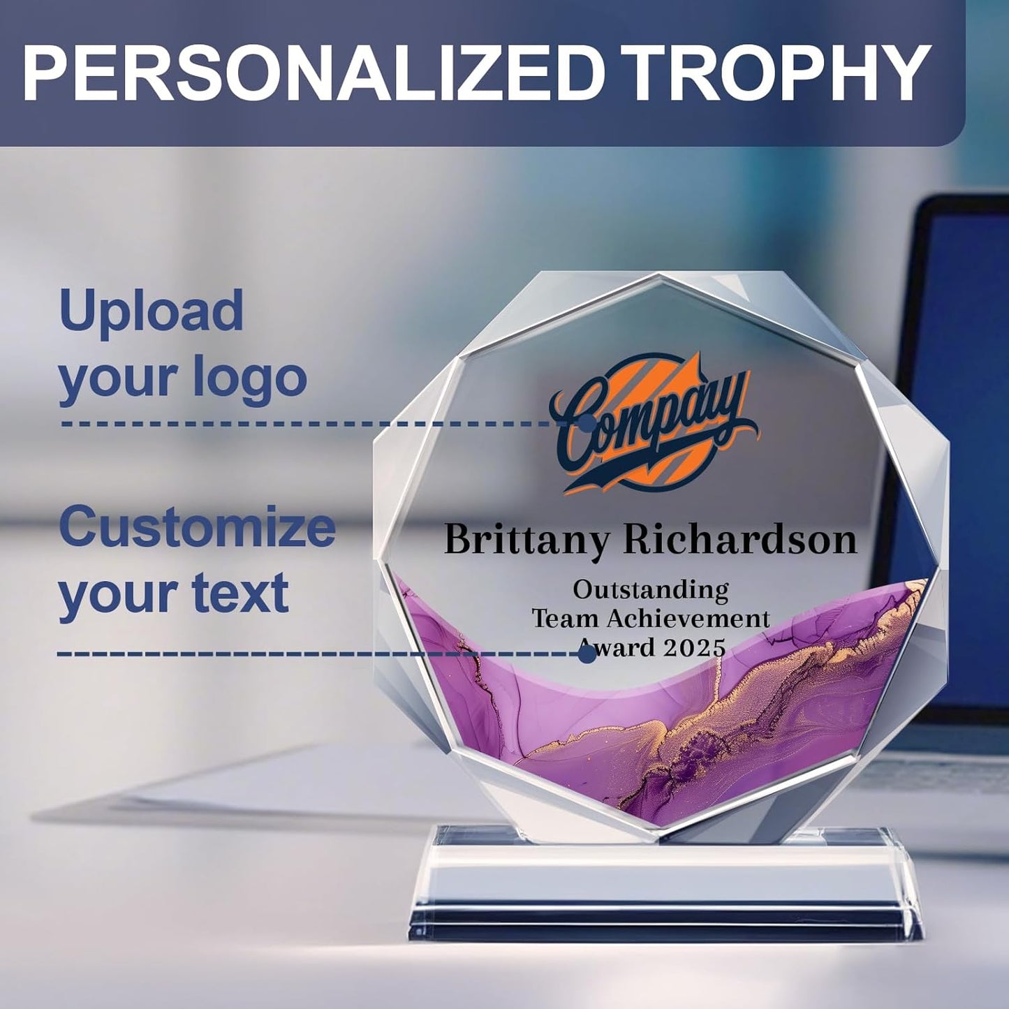 Personalized Crystal Trophy Award - Custom Plaque w/Engraved Text Logo - Employee Appreciation Gifts, Farewell Retirement Gifts - Custom Trophy and Employee Recognition Awards