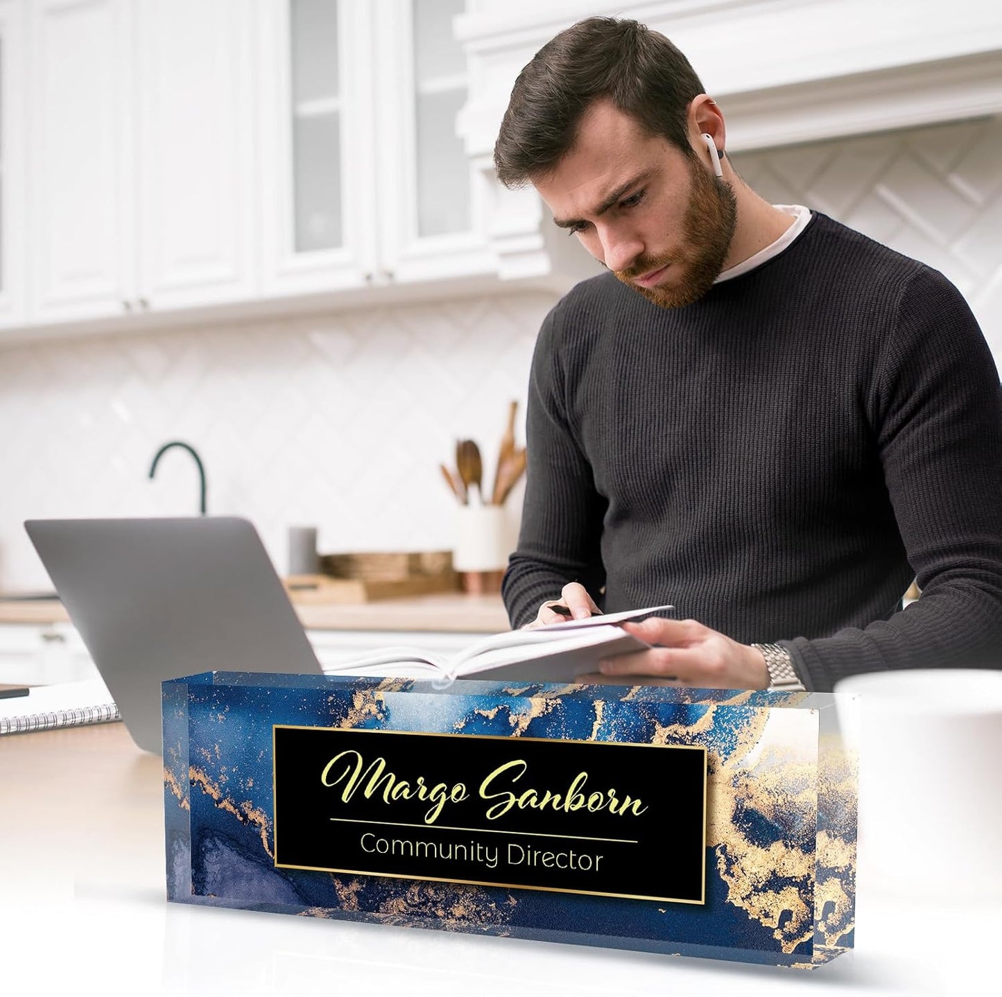 Personalized Name Plate for Desk Custom Acrylic Desk Name Plate Custom Employee Appreciation Gifts Office Gifts for Women, Men, Boss, Coworkers, Teacher, Nurse (A-Blue Marble)