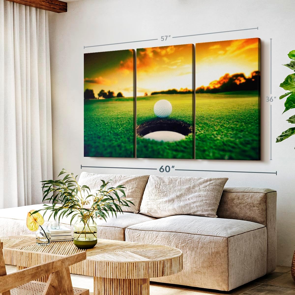 ElephantStock Golf Ball Wall Art - Horizontal Canvas - 3-Piece Living Room Wall Decor - Photography Sports Canvas Print - Orange and Yellow Decor for Wall - 57" X 36"