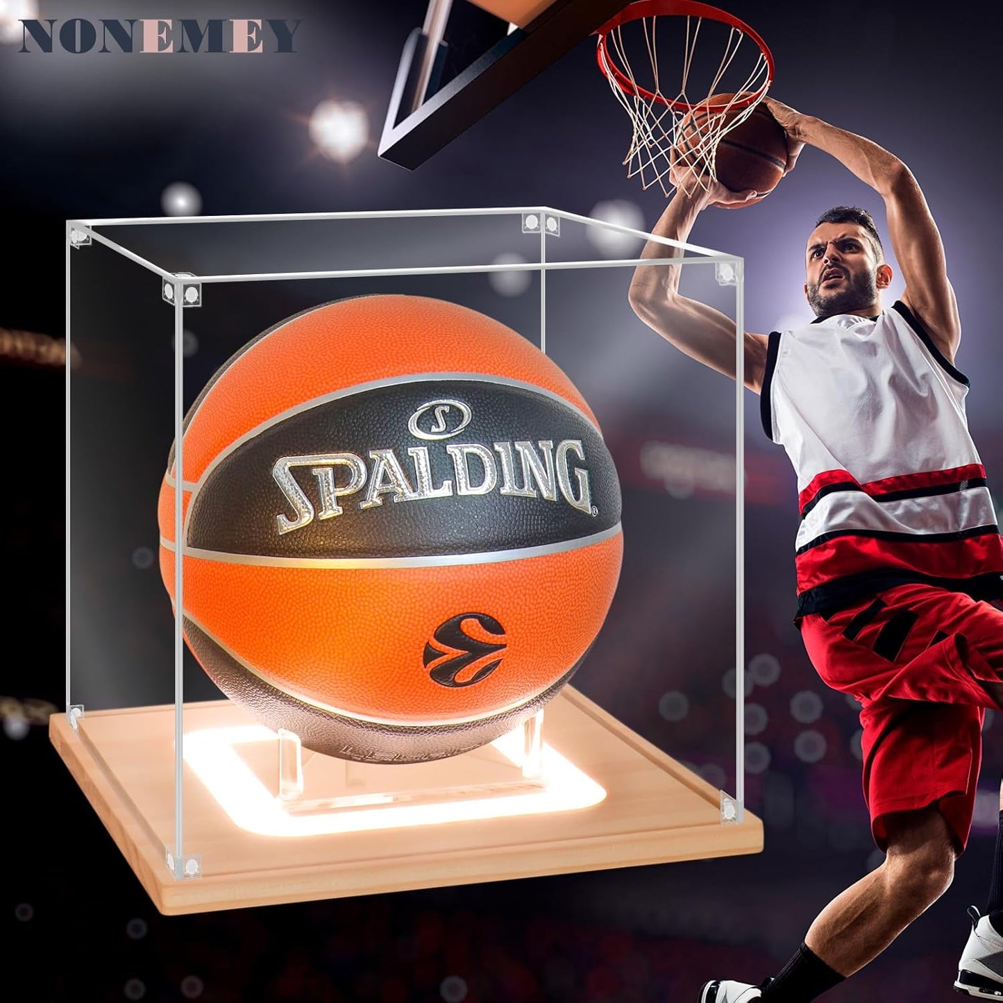 NONEMEY Basketball Display Case with Light, UV Protected Acrylic Basketball Box Full Size with Wood Base, Basketball Display for Autographed Ball Memorabilia Basketball Gifts