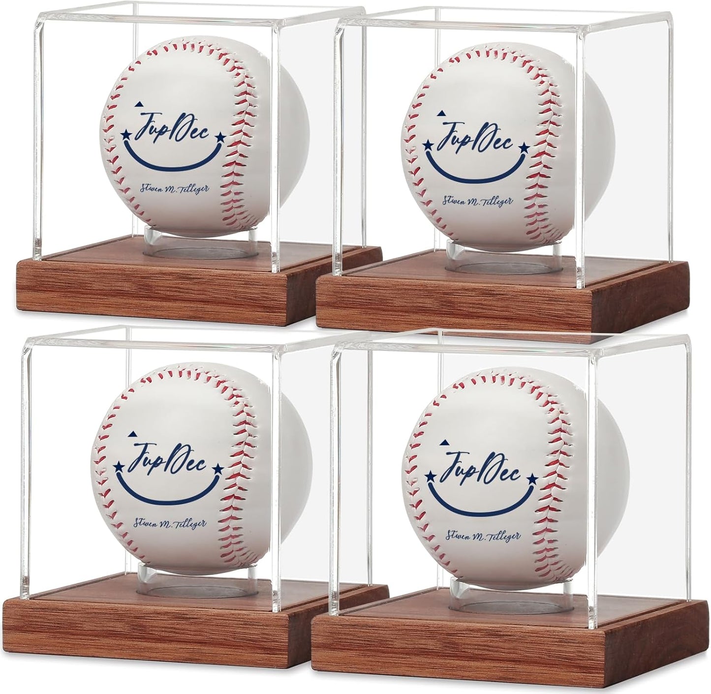 JupDec Baseball Display Case 4 Pack, Clear Cube Baseball Holder with Wooden Base, Autograph Baseball Stand Box for Single Ball, Brown