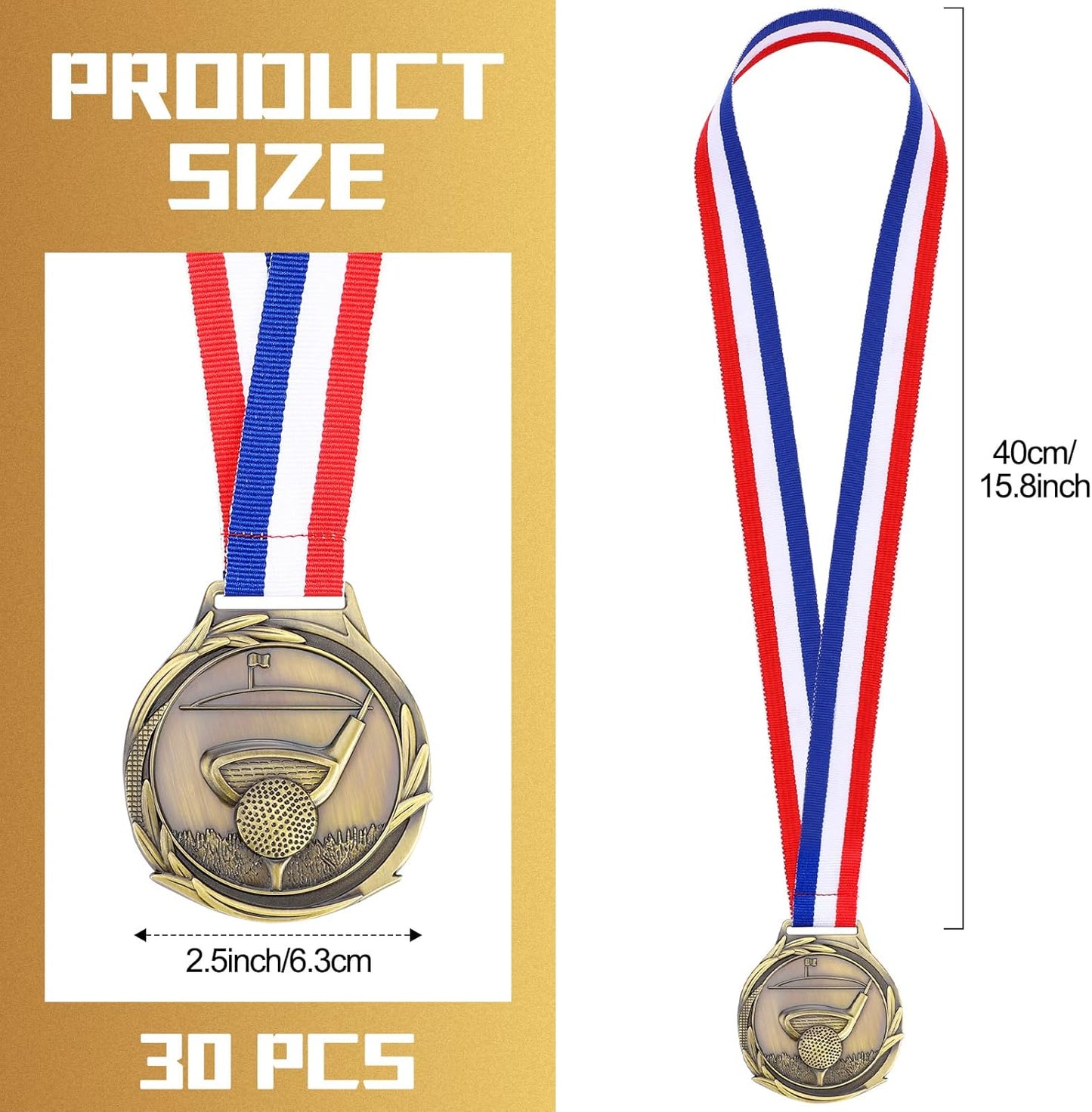 30 Pcs Golf Award Medals 2 Inch Bronze Color Tournament Medallion Zinc Alloy Golf Trophy Golf Tournament Prizes with Neck Ribbon for Adults Golf Tournament