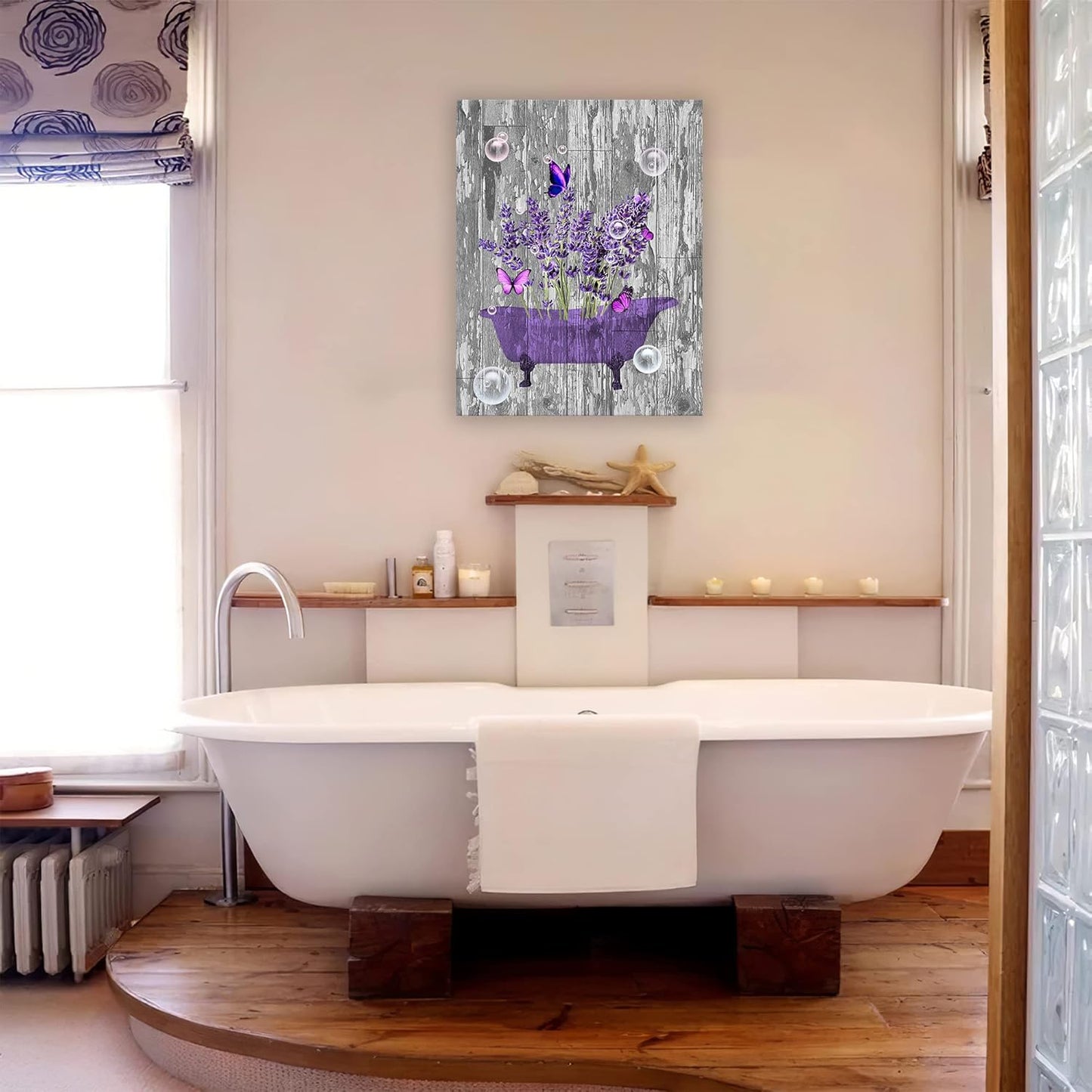 Lavender Bathroom Decor Wall Art Purple Farmhouse Bathroom Pictures for Wall Rustic Butterfly Bathtub Artwork Vintage Country Bathroom Grey White Painting Framed Bath Laundry Decorations 16"x24"