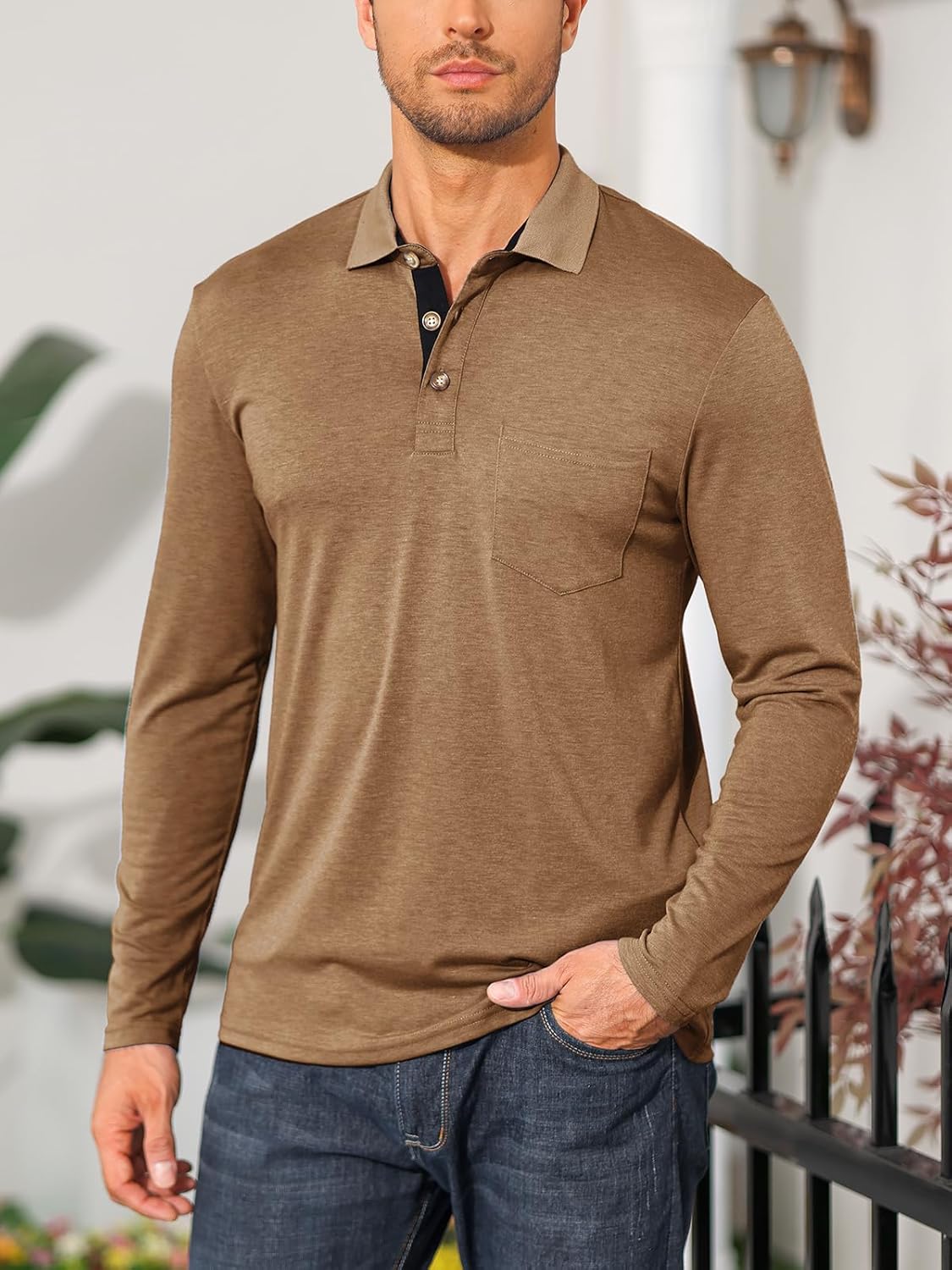 Mens Long Sleeve Polo Shirts Casual Moisture Wicking Golf Polo Shirts with Pocket