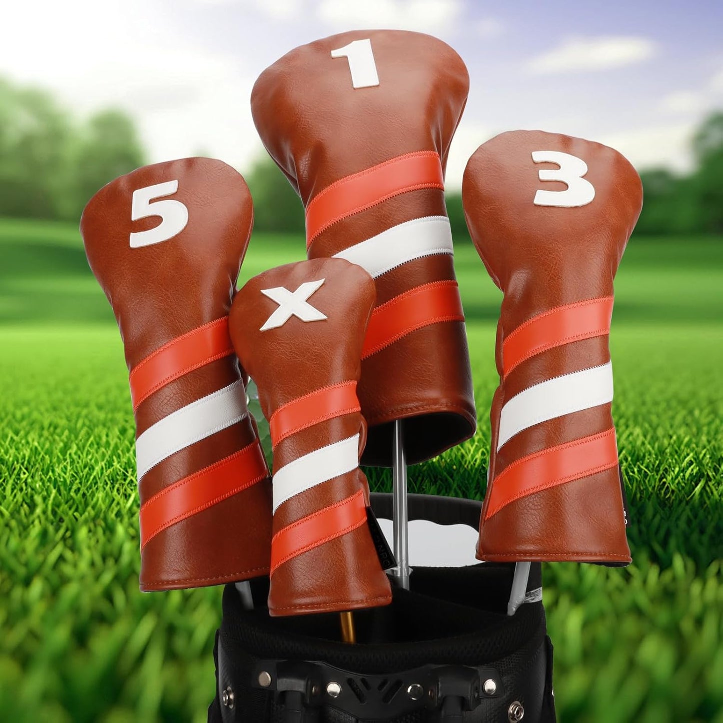 4pcs or 1pc Golf Club Head Covers for Woods, Driver, Fairway, Hybrid – Premium PU Leather with Interchangeable Tags & Magnetic Blade and Mallet Putter Covers
