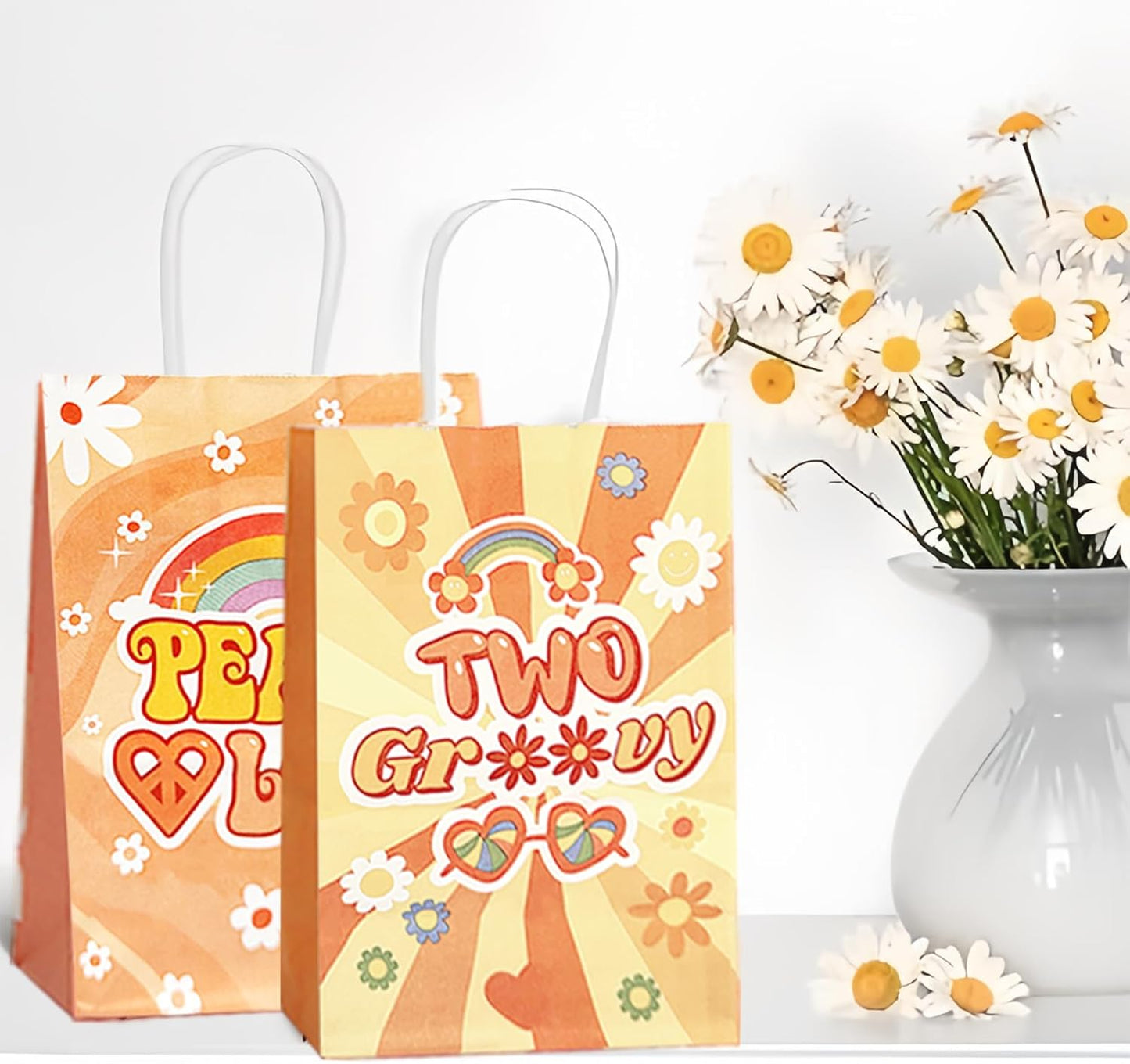 CZWXOXO 24 Pcs Groovy Party Favor Bags 6 Styles Groovy Retro Hippie Goodie Bags Stay Groovy Paper Gift Bags Daisy Flower Treat Bag with Handles for Girls 60's 70's Birthday Baby Shower Party Supplies
