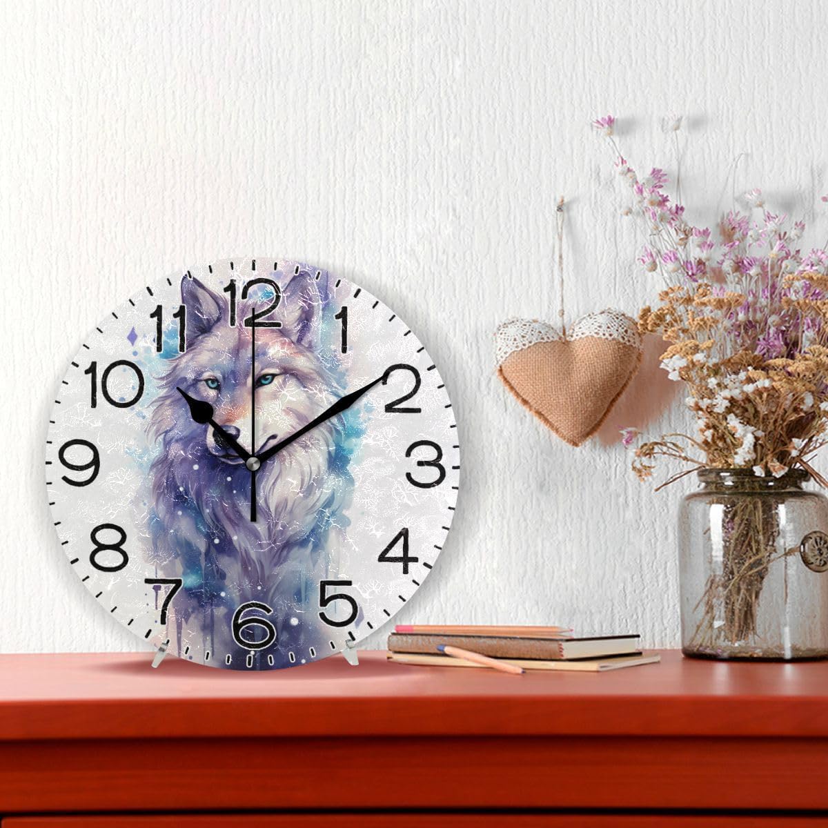 Beautiful Painting Wolf Wall Clock Battery Operated Non Ticking Silent Quartz Analog Rustic Farmhouse Round Clock Retro Decor for Home Kitchen Living Room Bathroom