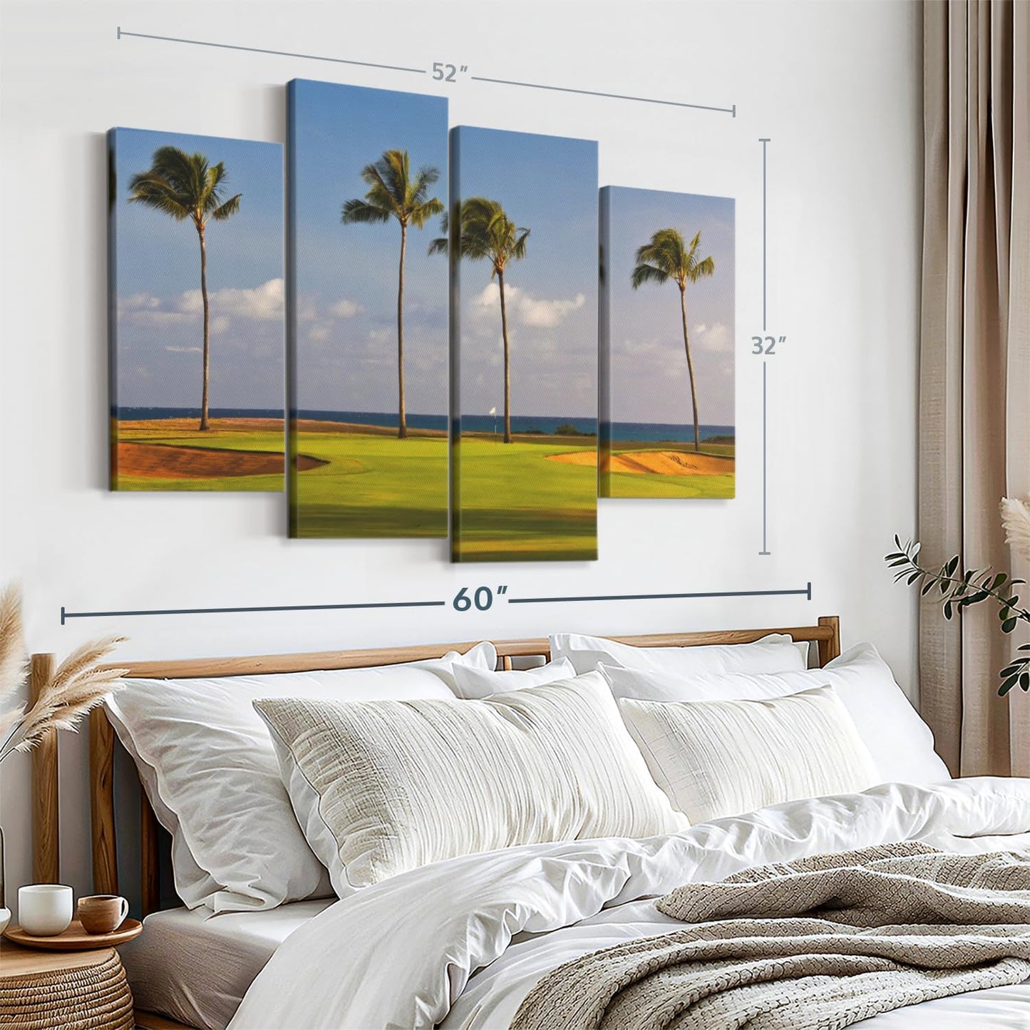 Elephant Stock Hawaiian Golf Course Wall Art - Horizontal Canvas - 4-Piece Living Room Wall Decor - Photography Sports Canvas Print - Green and Yellow Decor for Wall - 52" X 32"