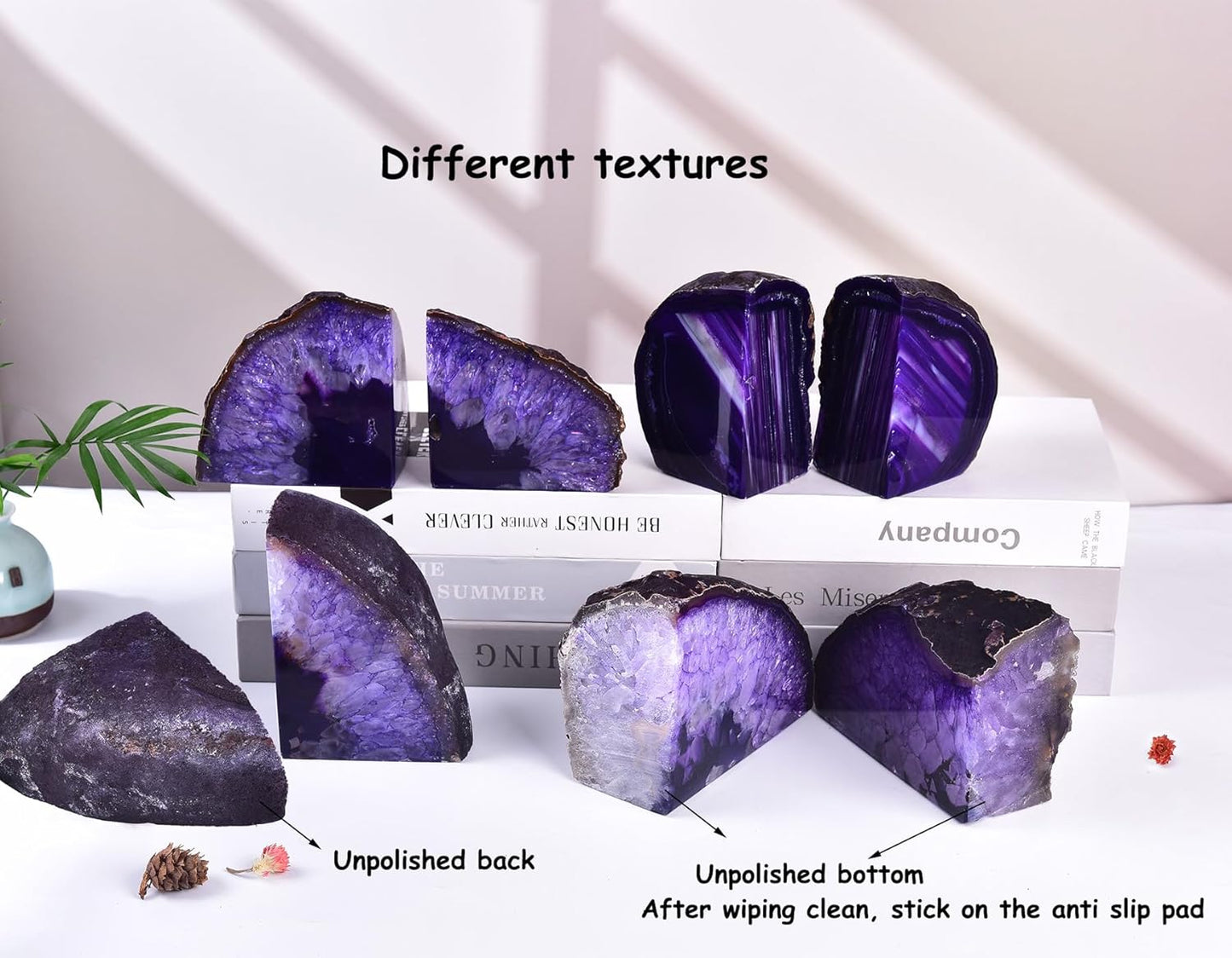 AMOYSTONE Purple Agate Bookends, Minimalist Book Holder for Heavy Books, Book Ends 4-6 LBS Stylish Bookends for Shelves, Office Table, and Home Decor