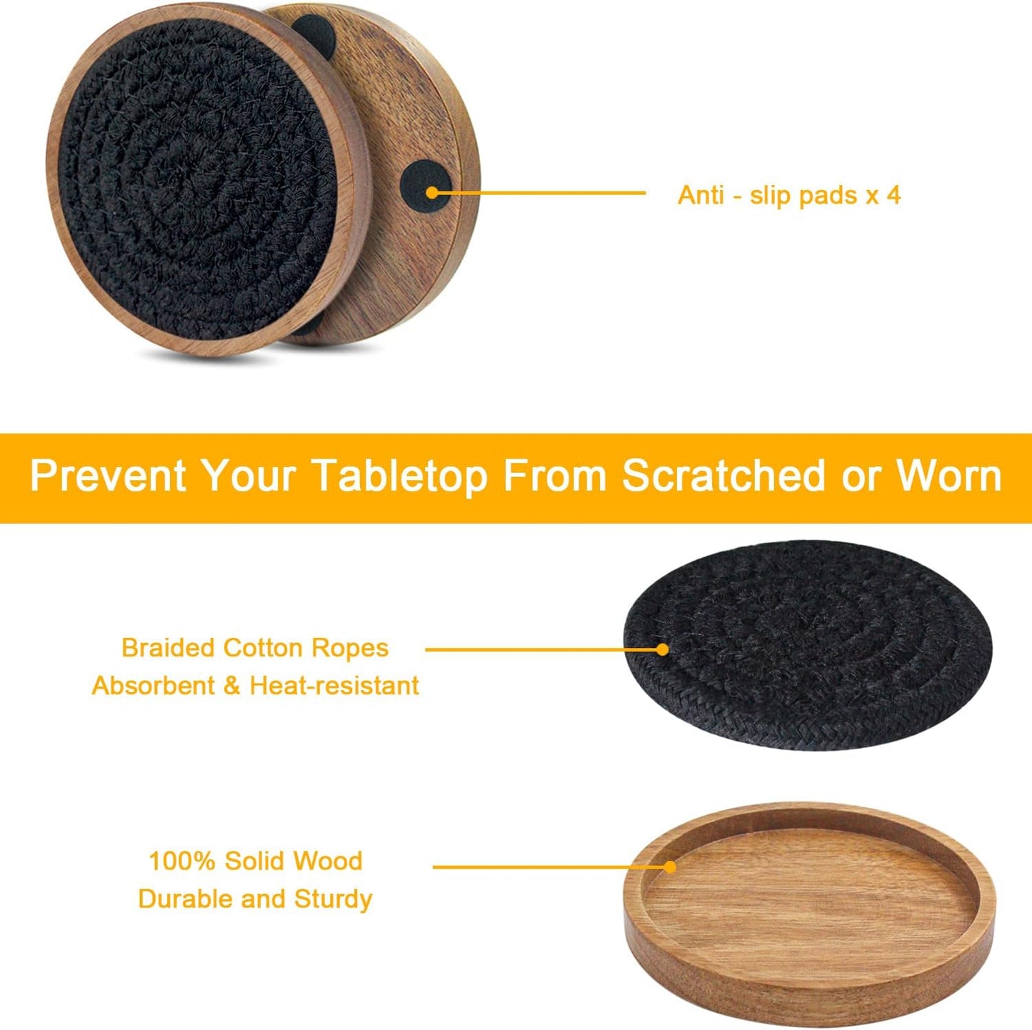 Drink Coasters Set of 5, Coasters for Drinks Absorbent, Wood Coasters for Coffee Table, Housewarming Gift for Farmhouse Home Decor,4 inches (Black)