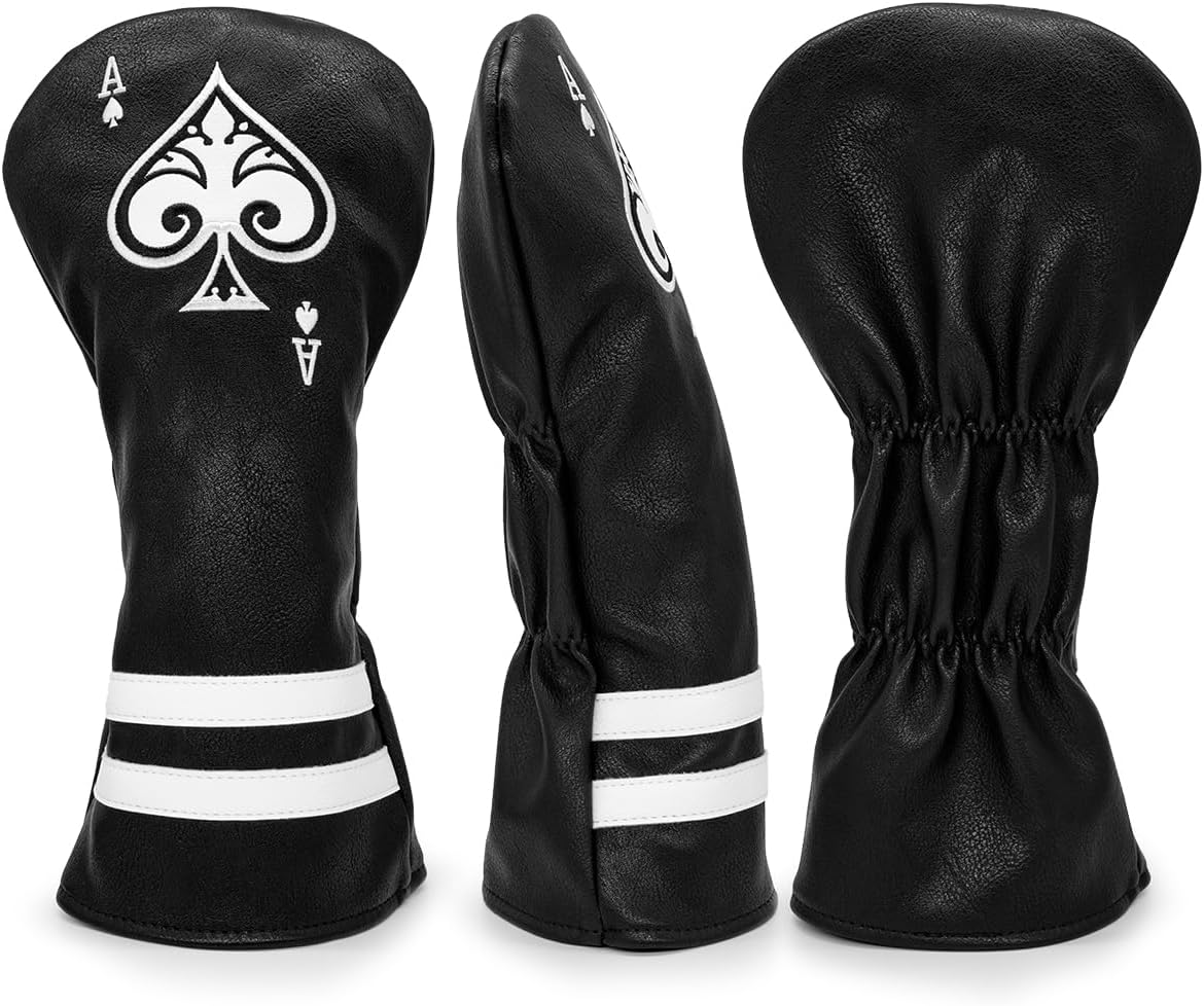 Black Golf Ace of Spade Golf Club Cover for Golf Clubs - Hybrid Headcover Golf Driver Headcover 3 Wood Head Cover (Rotatable 2 3 4 5 6 Ut Head Cover) Putter Headcover