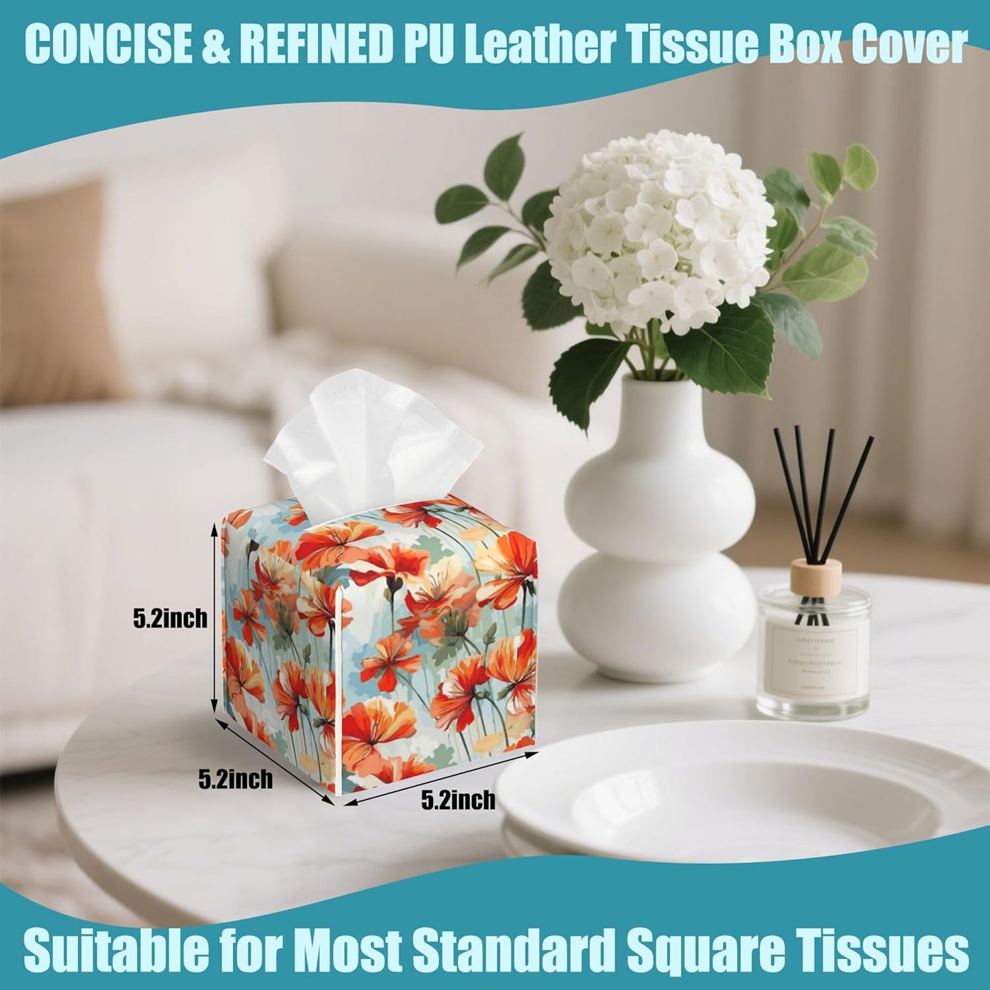 Watercolor Flowers Tissue Box Holder,Vintage Leaves Square Leather Tissue Box Cover,Waterproof Modern Napkin Holder Organizer for Car Bathroom Nightstand Vanity Office Tabletop,5.2" x 5.2" x 5.2"