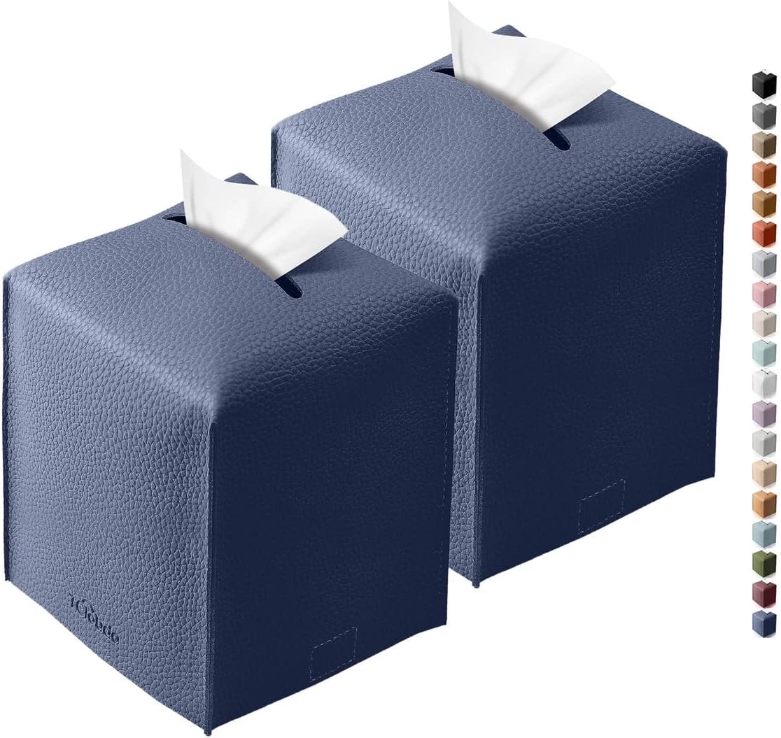 Tissue Box Cover for PU Leather, Modern Simple Solid Color Holder Square Tissue Bag, Ideal for Bathrooms,Office,Car,Outdoor Tent,Dining Table,5"X5"X5", Double Navy Blue