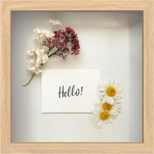 FrameWorks 11” x 11” Natural Oak Wooden Shadow Box Frame – Display Case with Soft Felt Back, Memory Box with Tempered Glass, Display Box with Elegant White Ball Push Pins, Wooden Flower Box