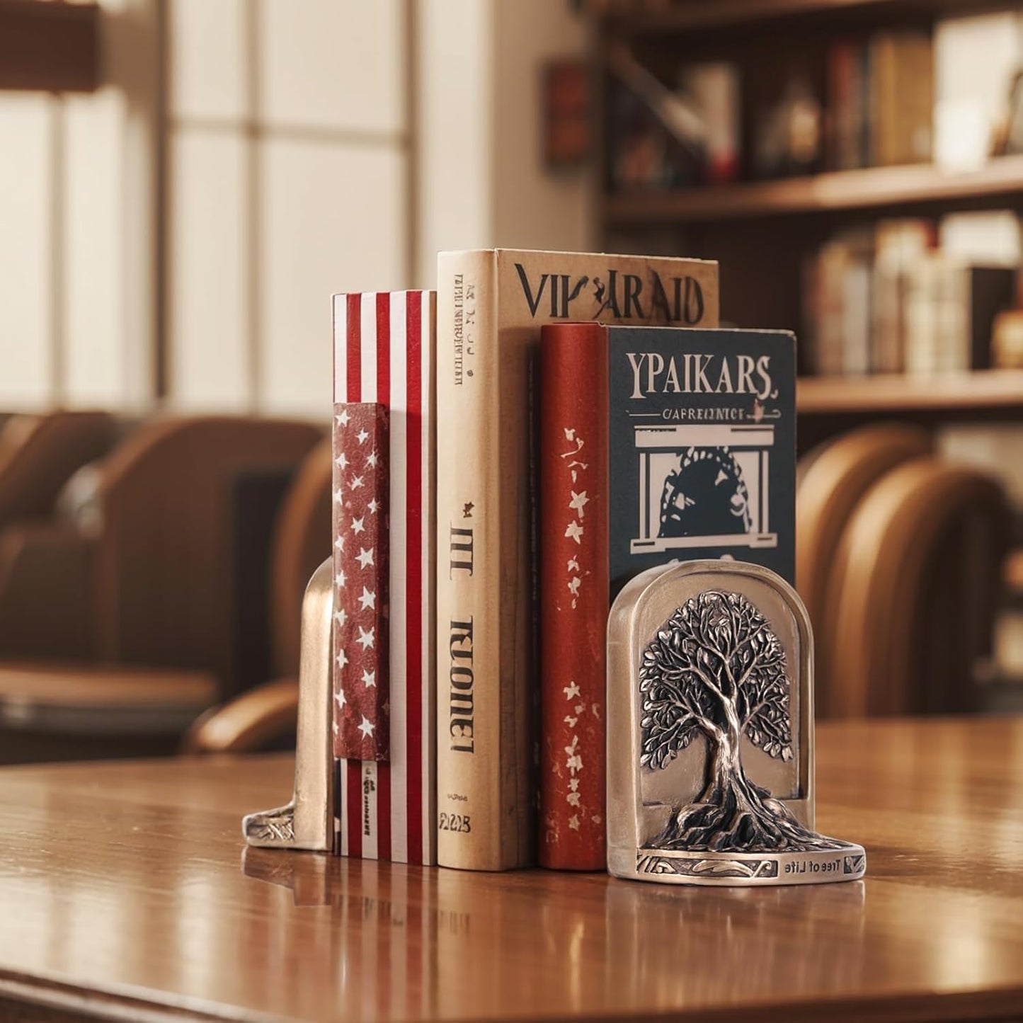 Antique Bronze Color Tree of Life Bookends Set, 2 Non-Skid Heavy Bookends for Shelves or Bookcase, Decorative Bookends for Desktop Shelf Decor, Library Office Decor, Home Décor Gift