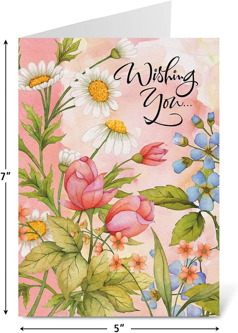 Watercolor Garden Get Well Greeting Cards - Set of 8 (4 designs) Large 5 x 7, Sentiments Inside, Thinking of You