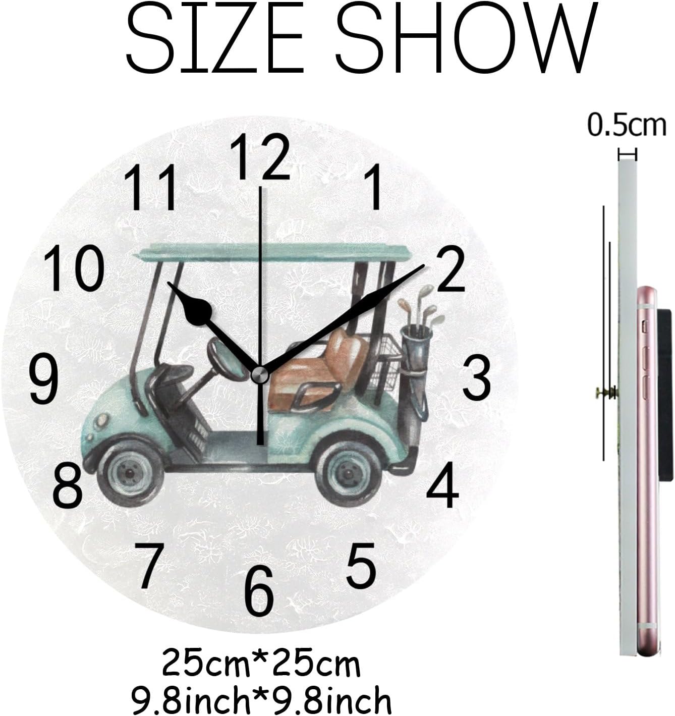 Wall Clock for Living Room Decor Watercolor Golf Cart PVC 9.8 Inch Hanging Round Desk Clocks Silent Non-Ticking Battery Operated Easy to Read Bathroom Kitchen Office