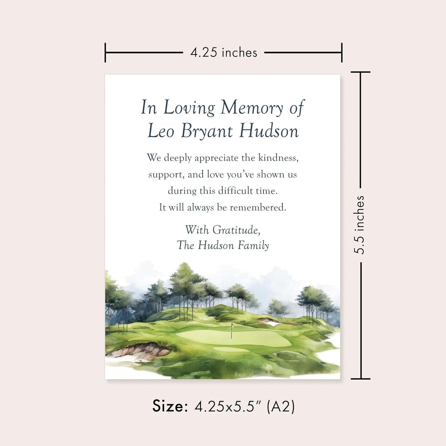 Golf Sympathy Thank You Notecards, In Loving Memory Watercolor Funeral Thank You, 4.25 x 5.5 (A2) Flat Memorial Cards, Custom Name Bereavement Acknowledgement with Envelopes