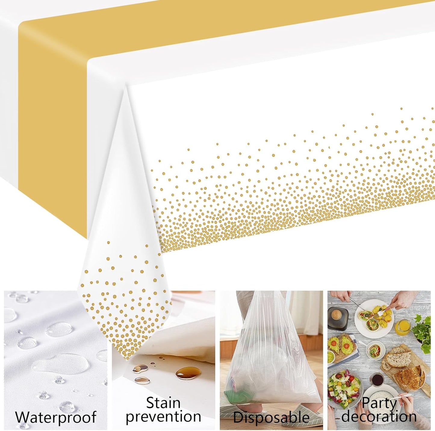 6 Pack Rectangle Plastic Dot Tablecloth Set, 54 X 108 Inch Plastic Table Cover, 12 x 108 Inch Satin Table Runners for Wedding Graduation Birthday New Year Party Decorations (White, Gold)