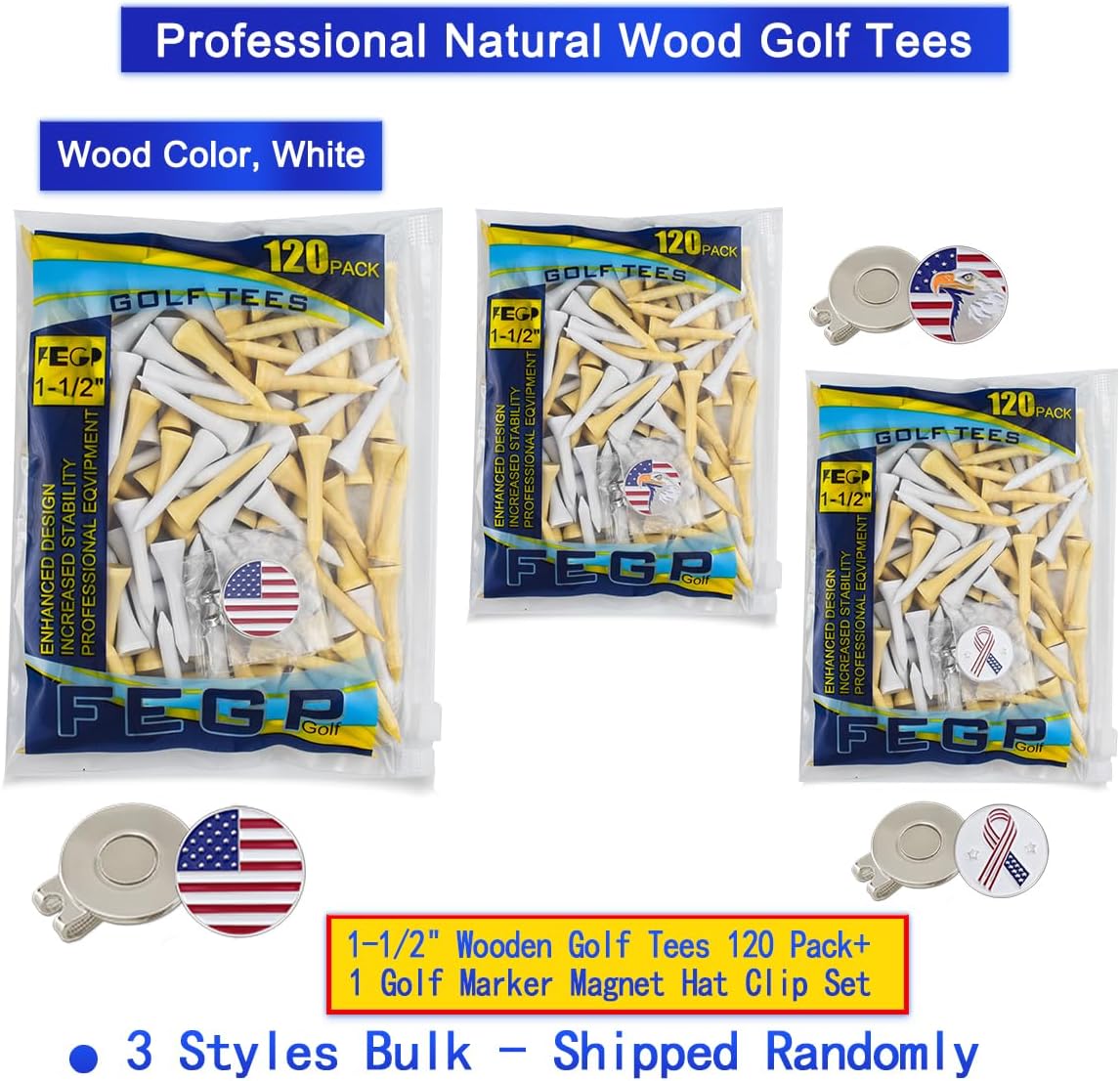 Wood Golf Tees Mix of Colours,1-1/2" Wooden Golf Tees,Short tees,with Low-Friction,Biodegradable,Design for Iron、Par Threes 、Hybrids,Golf Tees Wood 11/2 Inch-120 Pack+1 Set Magnetic Ball Marker