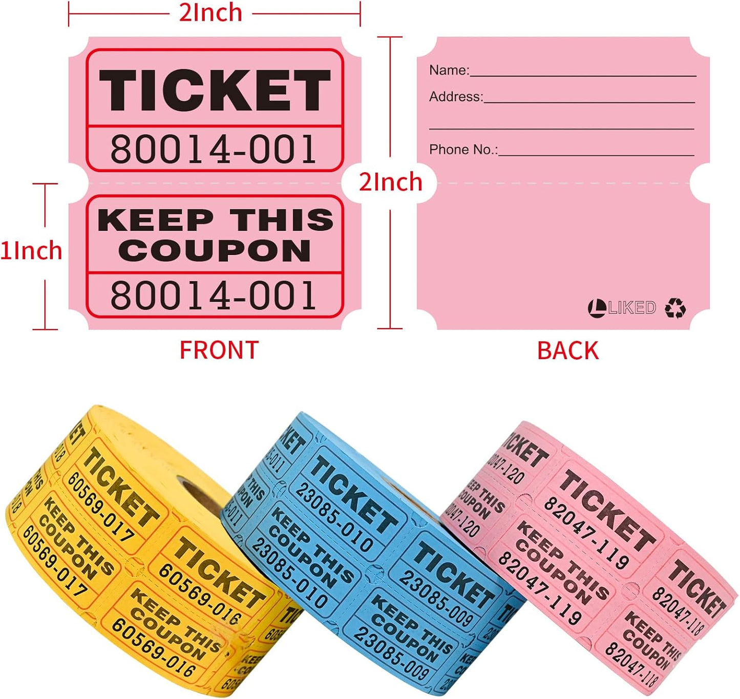 L LIKED 3000 Pcs Raffle Tickets - 3 Color Set of 1000 Pcs 2" x 2" Double Roll Consecutively Numbered 50/50 Tickets for Events& Door Prize- Blue/Yellow/Pink