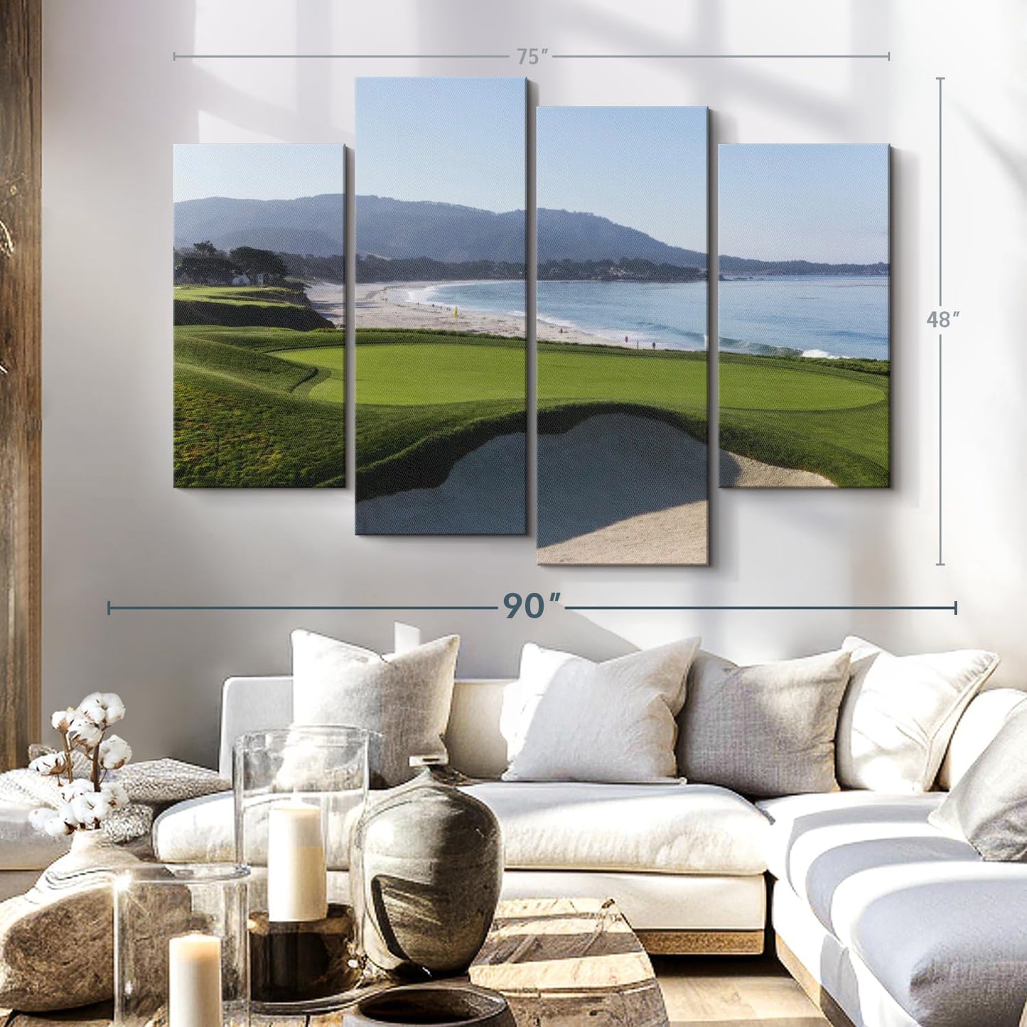 Elephant Stock Monterey CA Golf Course Wall Art - Horizontal Canvas - 4-Piece Living Room Wall Decor - Photography Sports Canvas Print - Blue and Green Decor for Wall - 75" X 48"