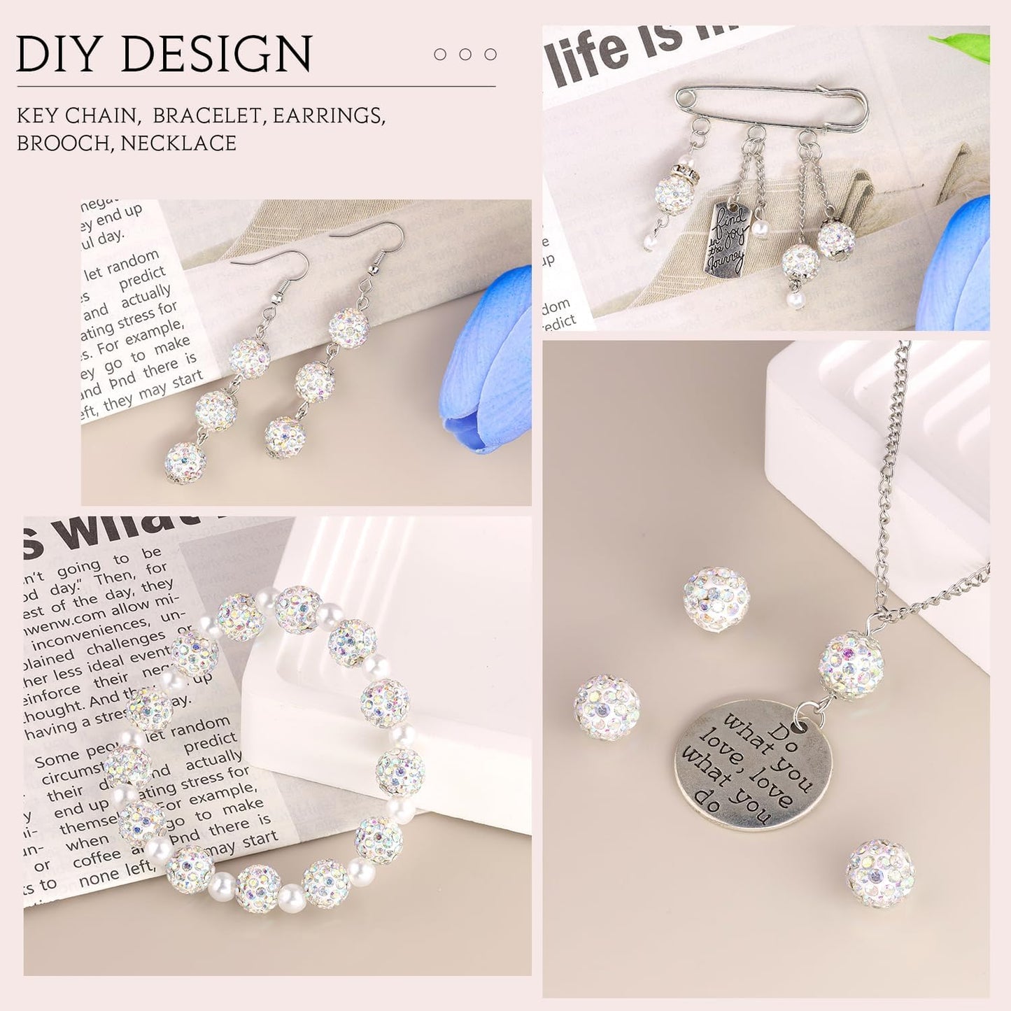 100 pcs 10mm Rhinestone Beads for Jewelry Making, Crystal AB Shiny Round Shamballa Disco Beads Bulk, Sparkle Crystal Clay Christmas for Bracelet Baseball Necklace Earring Crafting and DIY