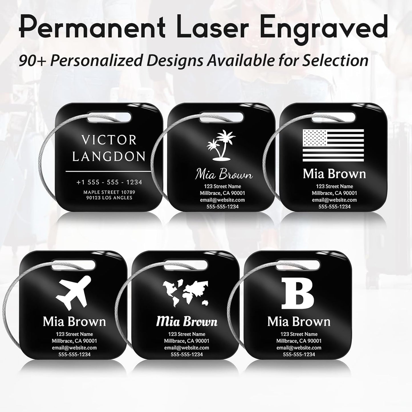 Customized Stainless Steel Luggage Tags: Personalize Your Suitcases, Backpacks, and Bags with Your Text (Black)