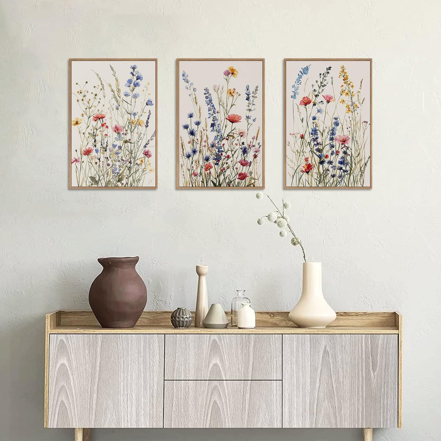 MTFBWY 3Pcs Framed Wildflower Canvas Wall Art – Floral Wall Art Watercolor Prints, Blue Botanical Artwork, Colorful Flower Pictures Decor Printing for Living Room, Girls Bedroom, or Bathroom 24L" x 16W"