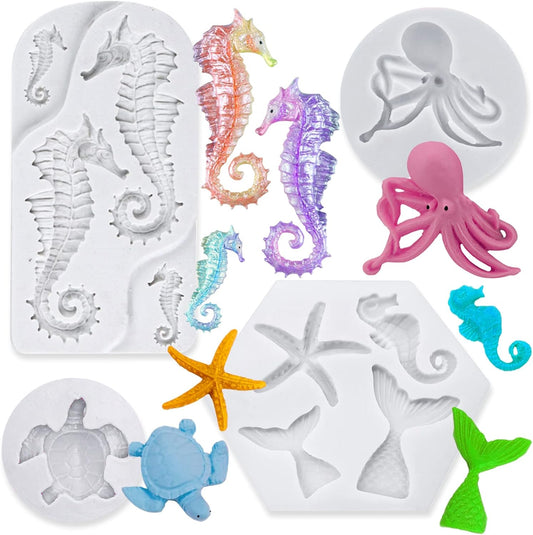 4 PCS Marine Theme Fondant Silicone Mold Hippocampus Turtle octopus Shape DIY Handmade Baking Tools, For Theme Cake Cookie Chocolate Candy Decoration Fondant Polymer Clay