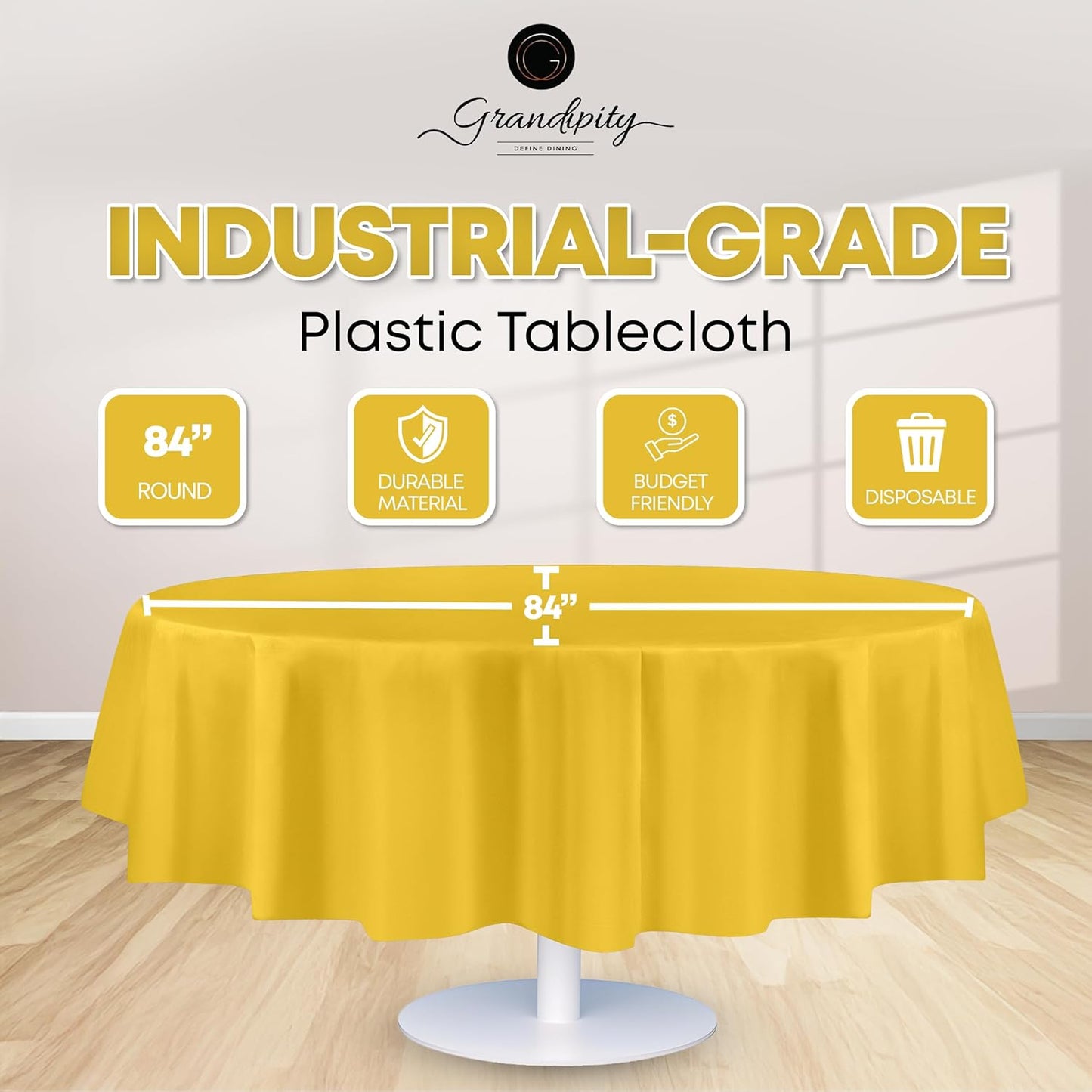 Grandipity 12 Pack Premium Disposable Plastic Tablecloth 84" Inch Decorative Round Table Cover - Yellow