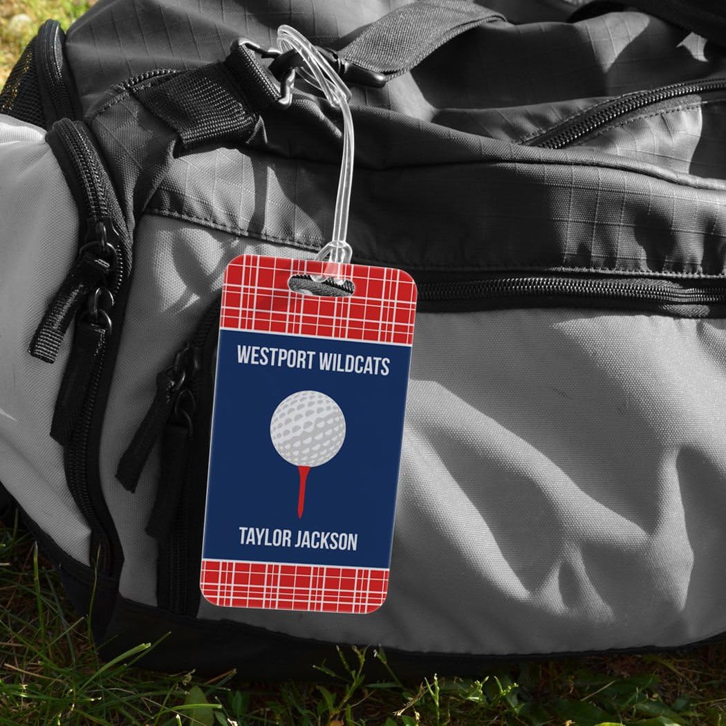 ChalkTalkSPORTS Golf Luggage & Bag Tag | Personalized Team with Golf Ball | Standard Lines on Back | Large | RED/Navy