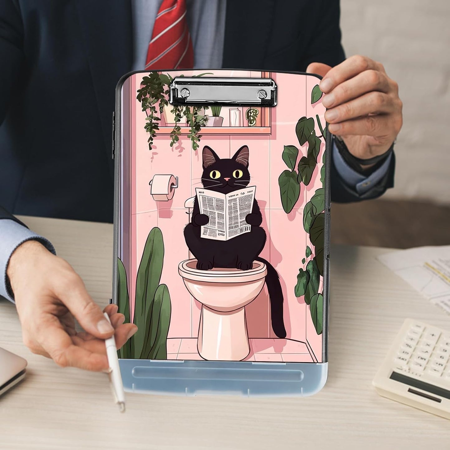 Clipboard with Storage - Large Capacity,Nursing Clipboard with Pen Holder,Heavy Duty,Plastic Side-Opening Folder for Teacher,Nurse - Black Cat on Toilet