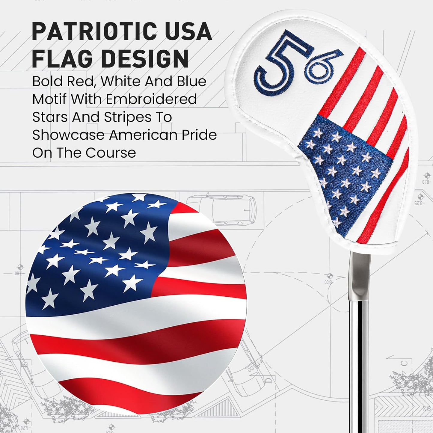 Golf Iron Wedge Head Covers 52° 54° 56° 60° 1 or 4 Pack, Synthetic Leather Clover USA Flag Design Club Head Protection, Universal Headcover Fit Iron Clubs for Men Women