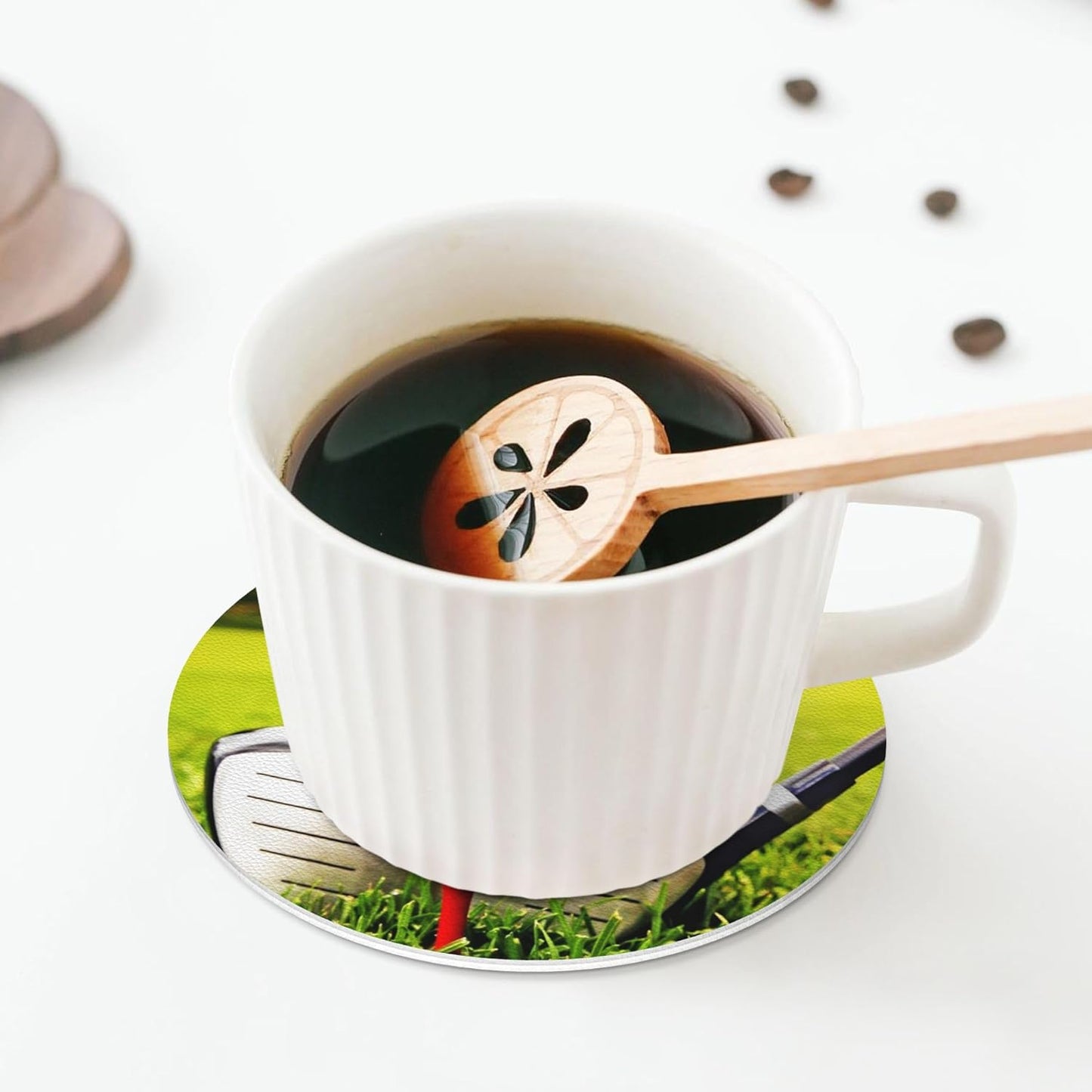 Coasters for Drinks Set of 6, Golf Ball Sports Drink Coasters for Coffee Table, Table Cup Mat Leather Desk Coaster for Drinks, Bar Coasters for Office Home Decor